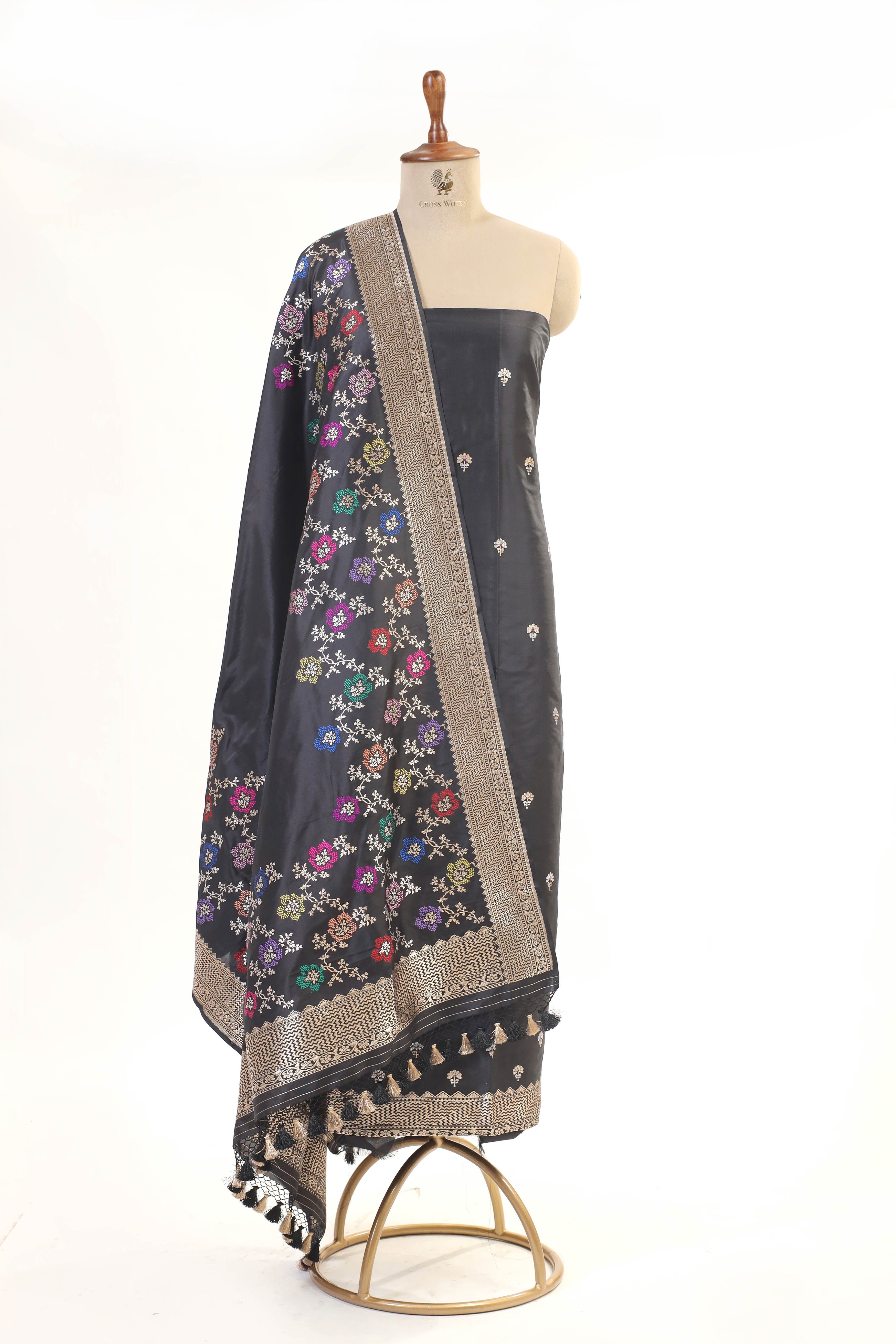 Black Katan Silk Suit Set With Meenakari Floral Jaal Dupatta