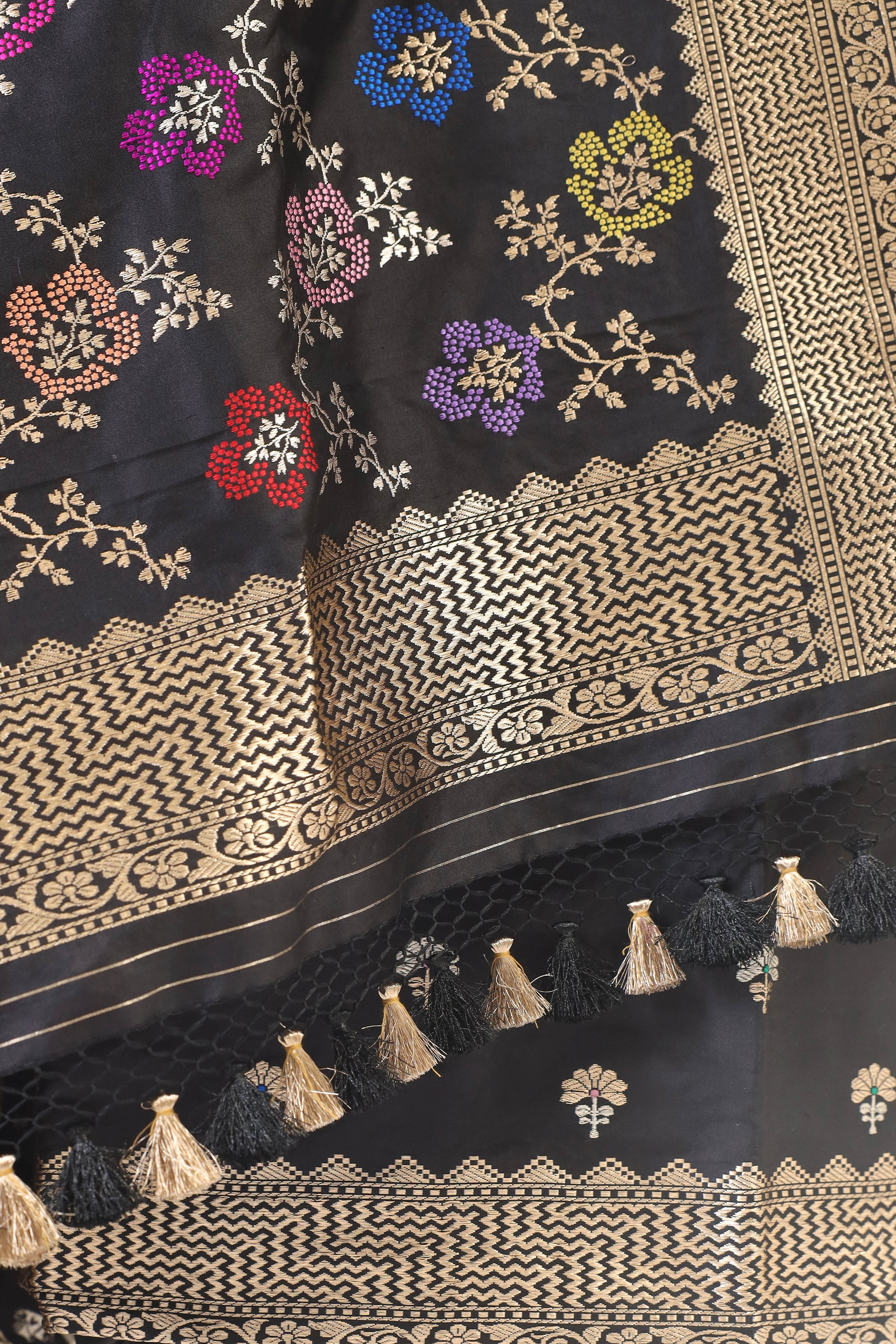 Black Katan Silk Suit Set With Meenakari Floral Jaal Dupatta