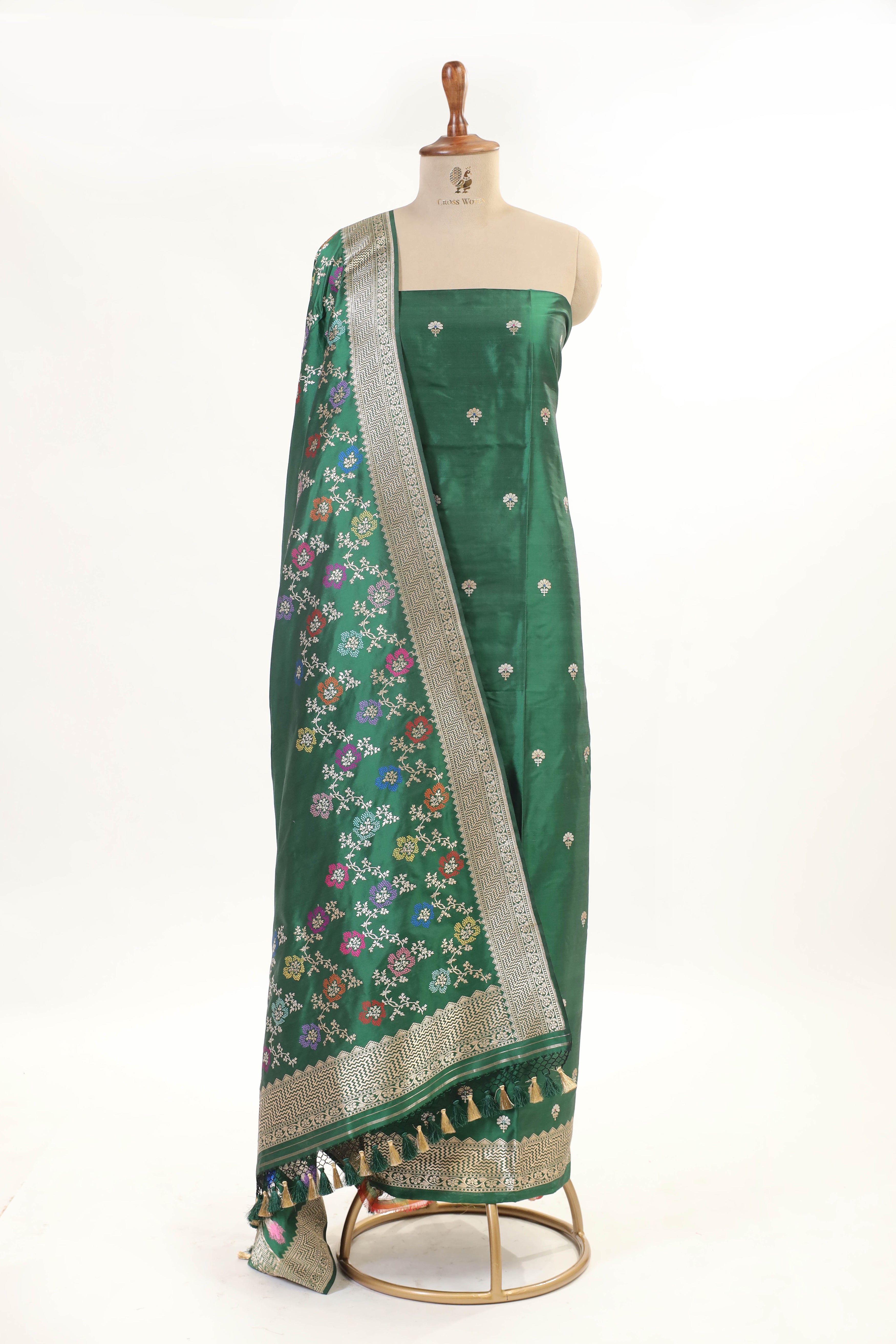 Deep Green Katan Silk Suit Set With Meenakari Floral Jaal Dupatta