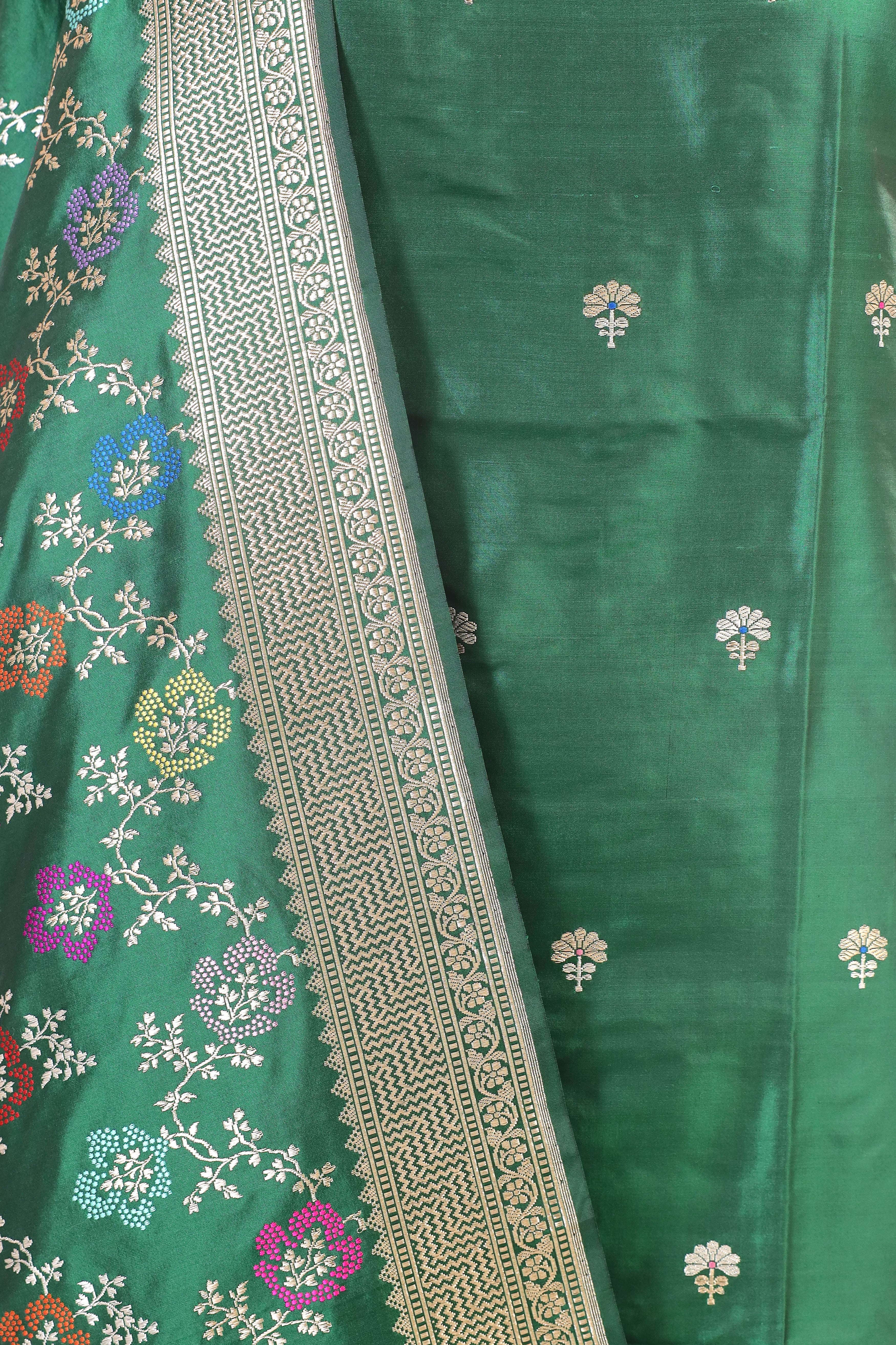 Deep Green Katan Silk Suit Set With Meenakari Floral Jaal Dupatta