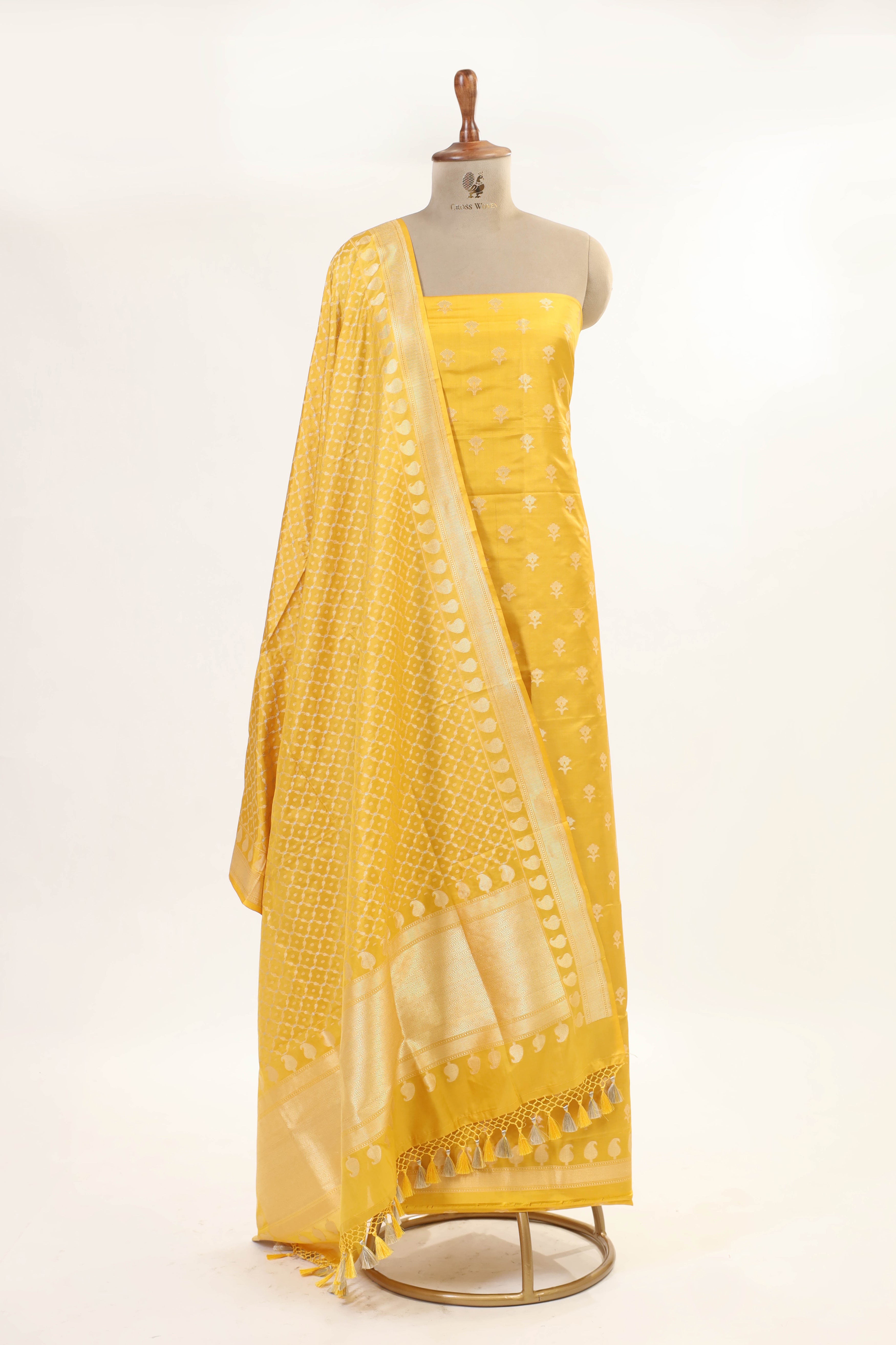 Yellow Katan Silk Suit Set With Handwoven Jaal Dupatta