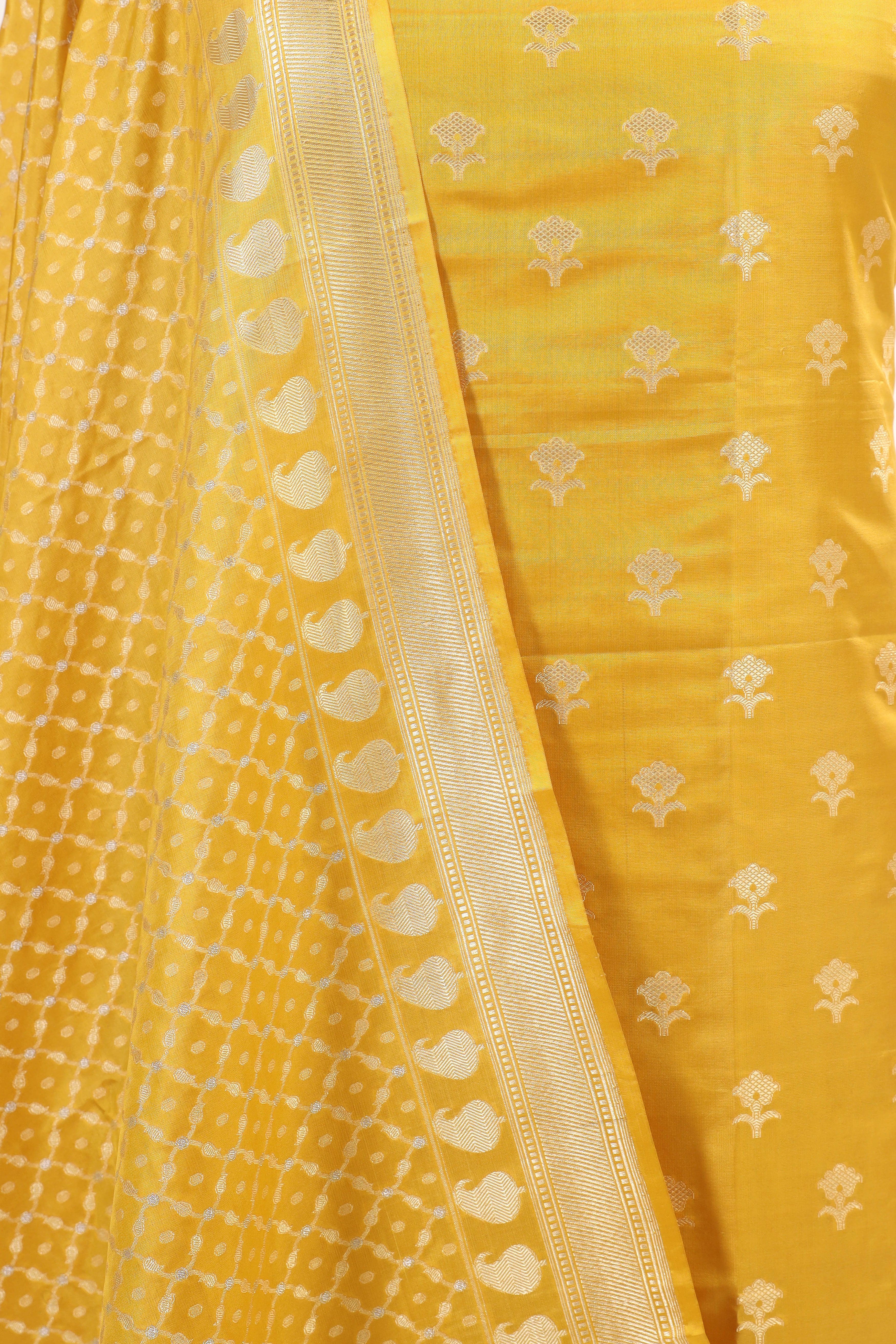 Yellow Katan Silk Suit Set With Handwoven Jaal Dupatta
