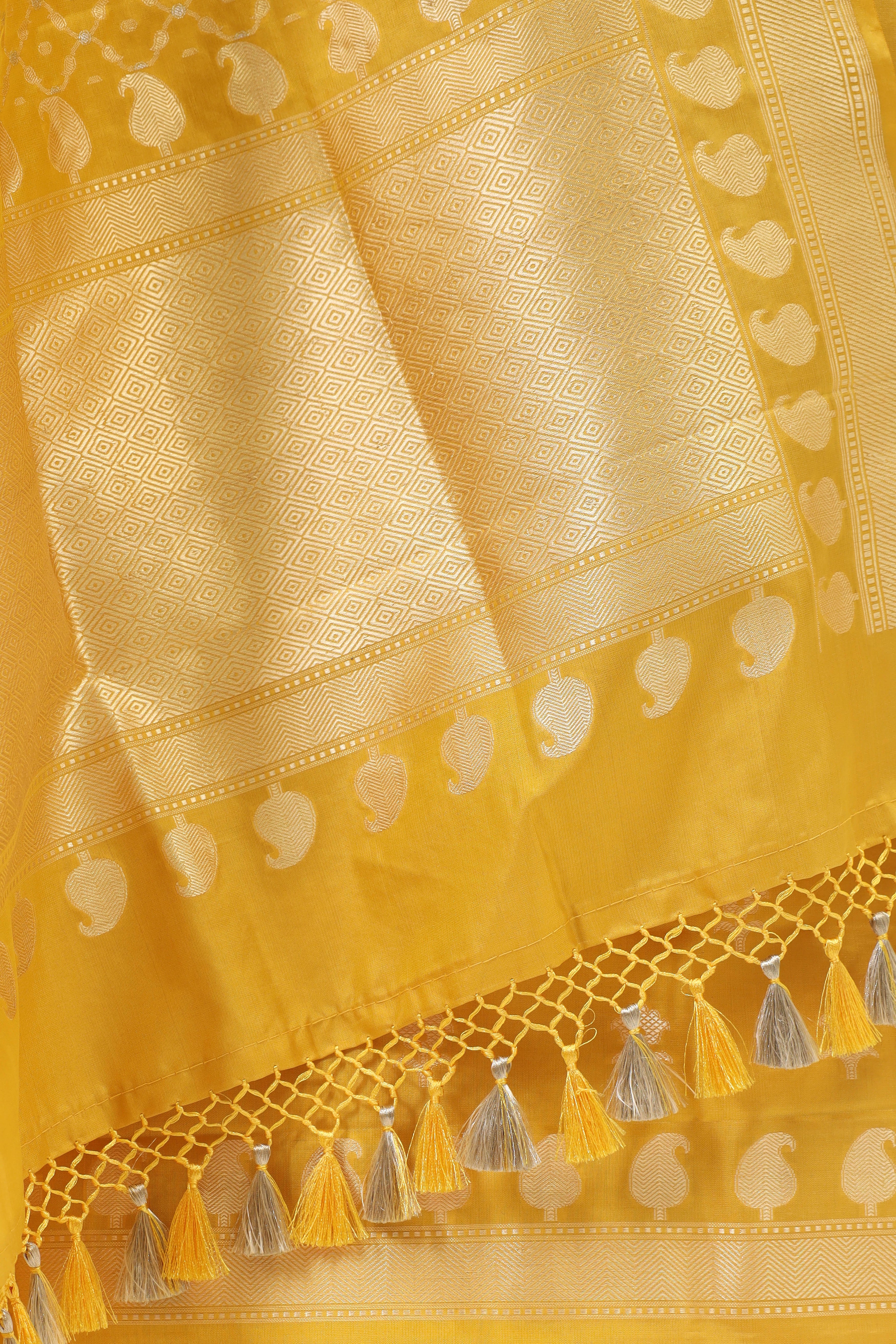 Yellow Katan Silk Suit Set With Handwoven Jaal Dupatta