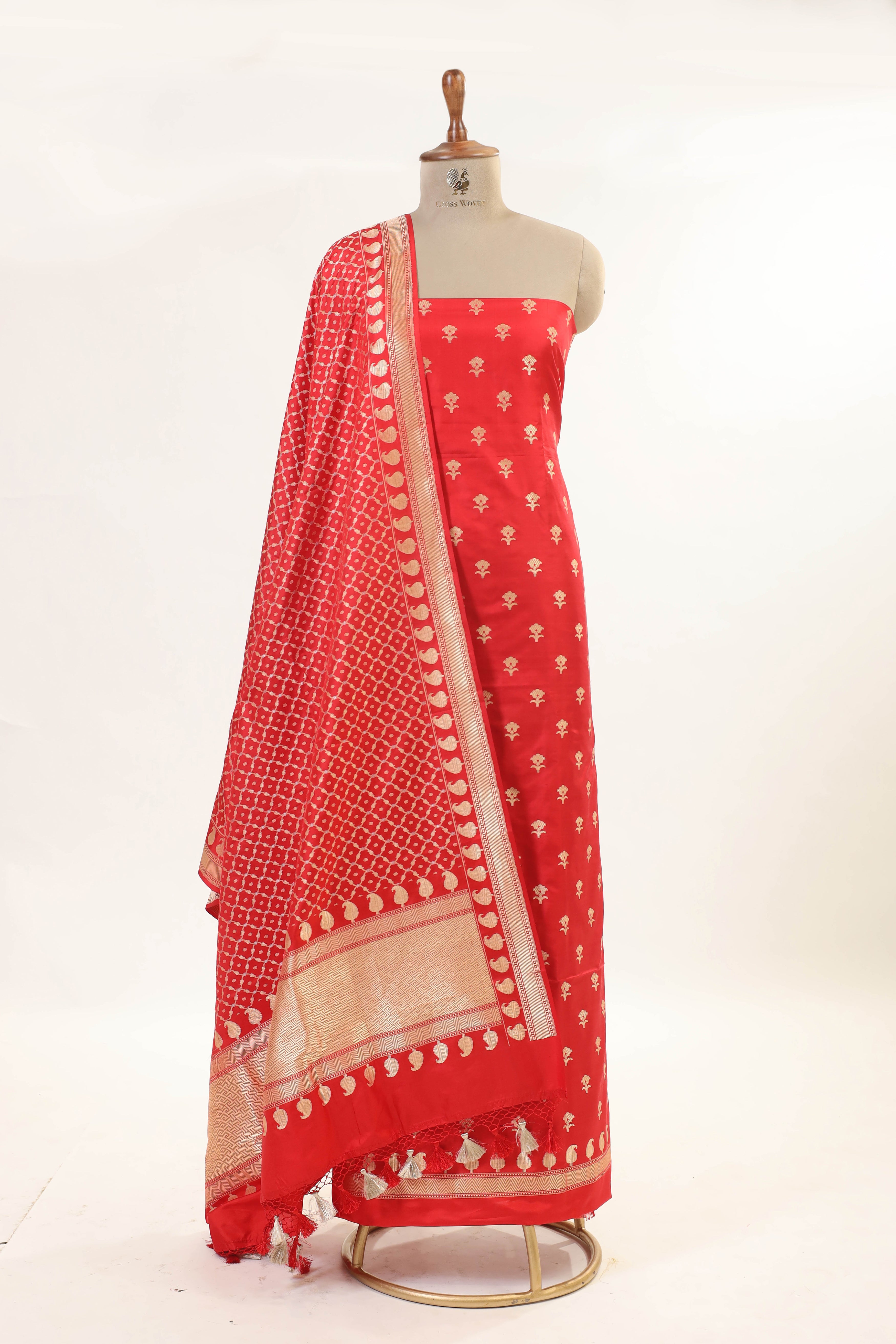 Red Katan Silk Suit Set With Handwoven Jaal Dupatta
