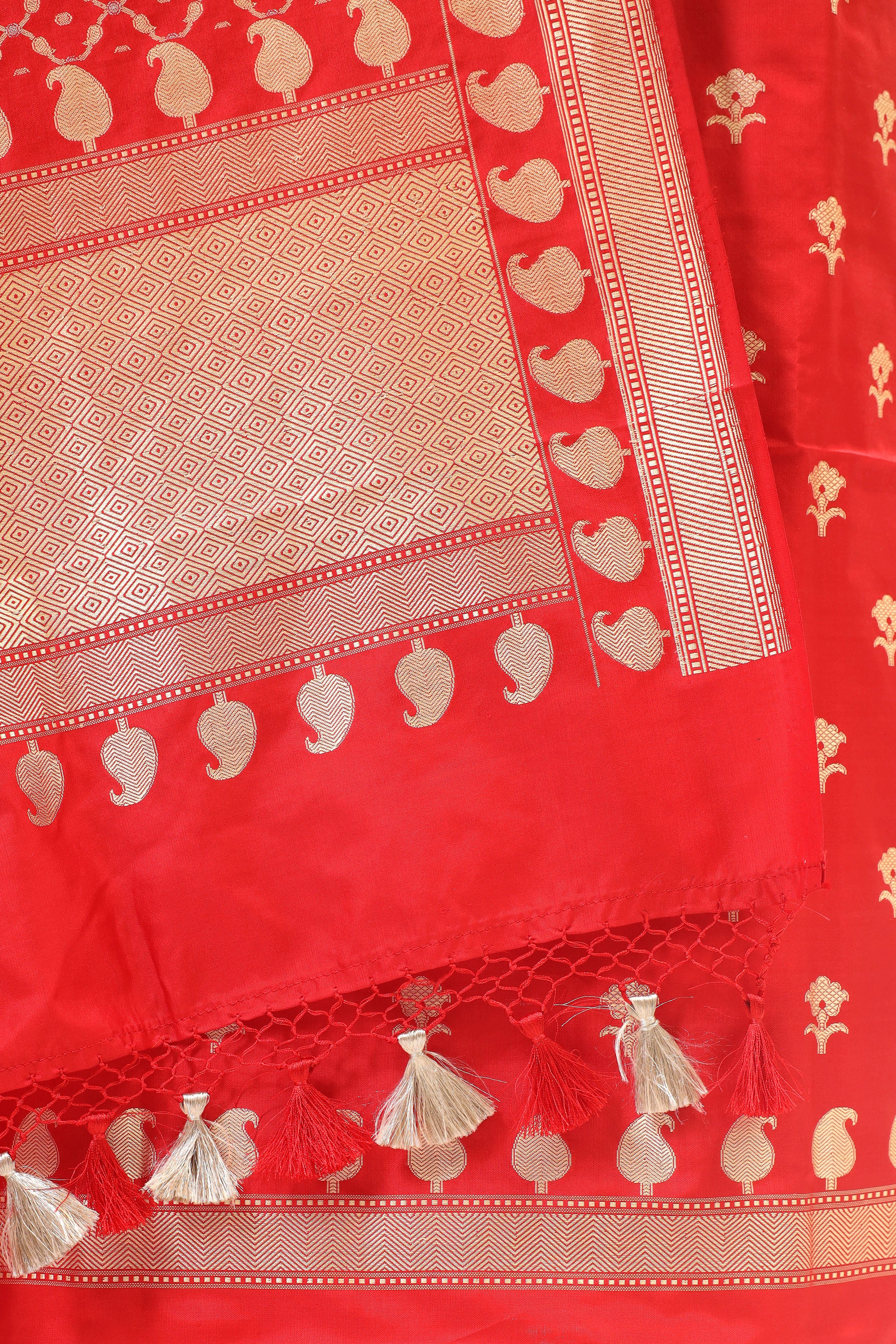Red Katan Silk Suit Set With Handwoven Jaal Dupatta