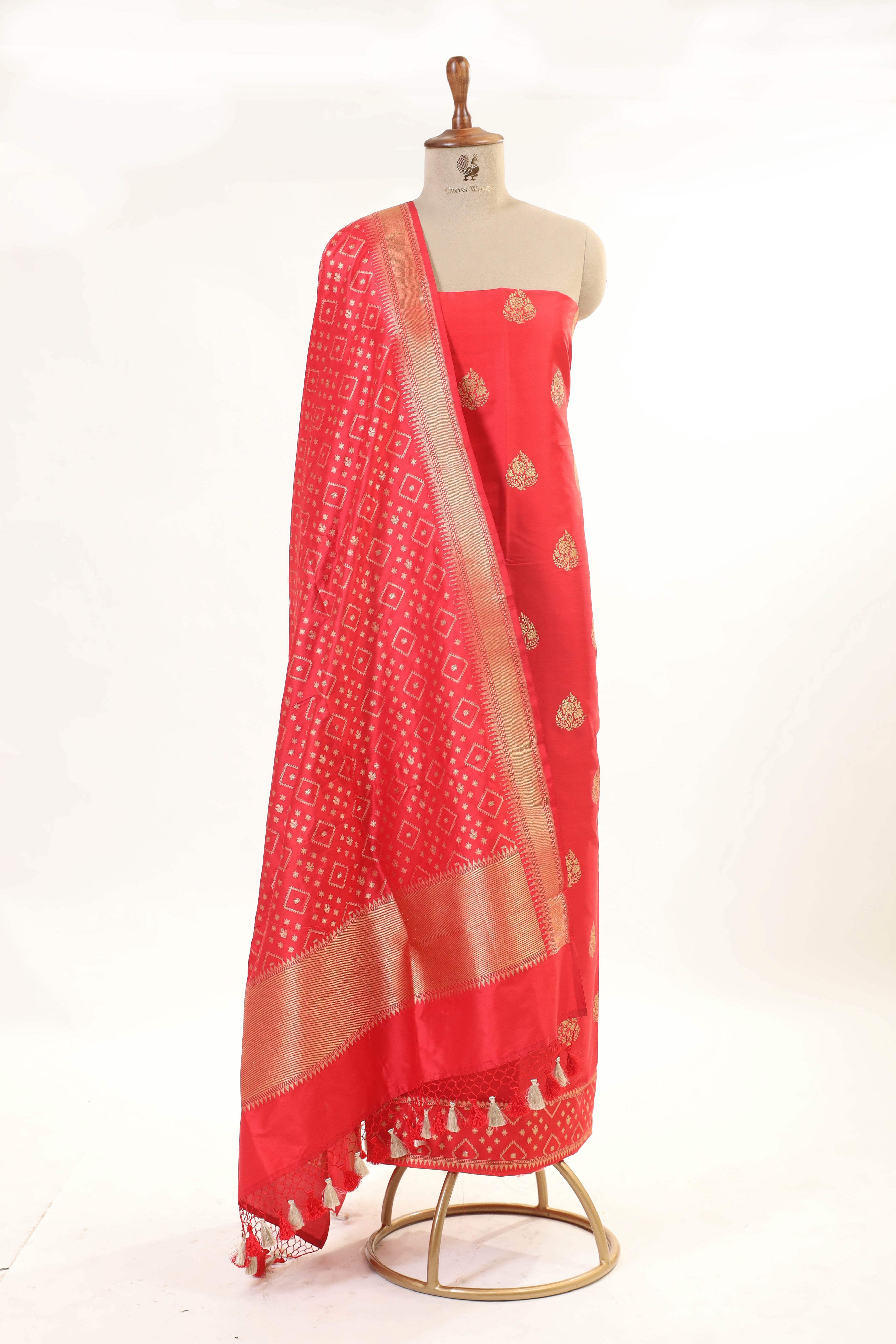 Red Katan Silk Suit Set With Handwoven Dupatta