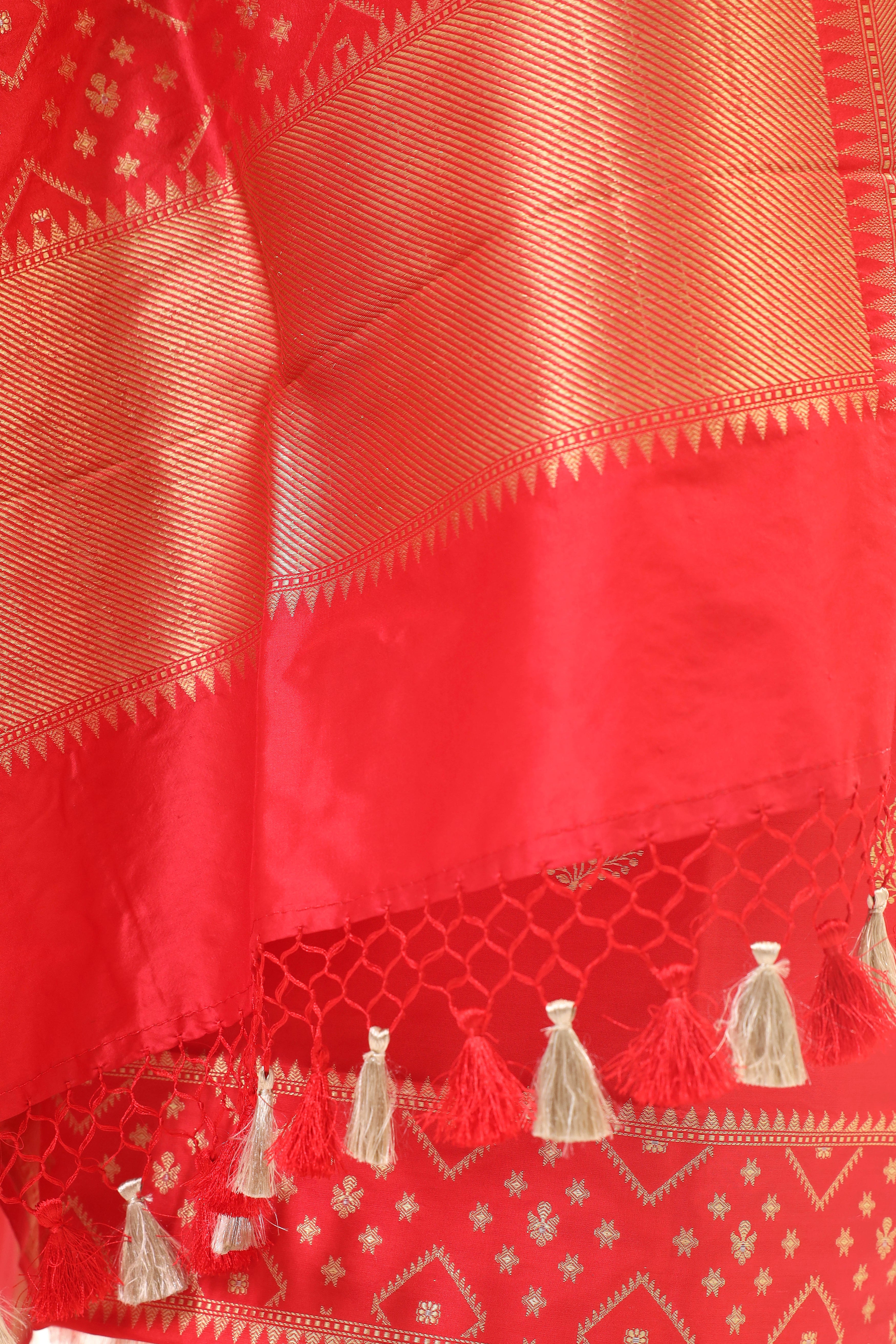 Red Katan Silk Suit Set With Handwoven Dupatta