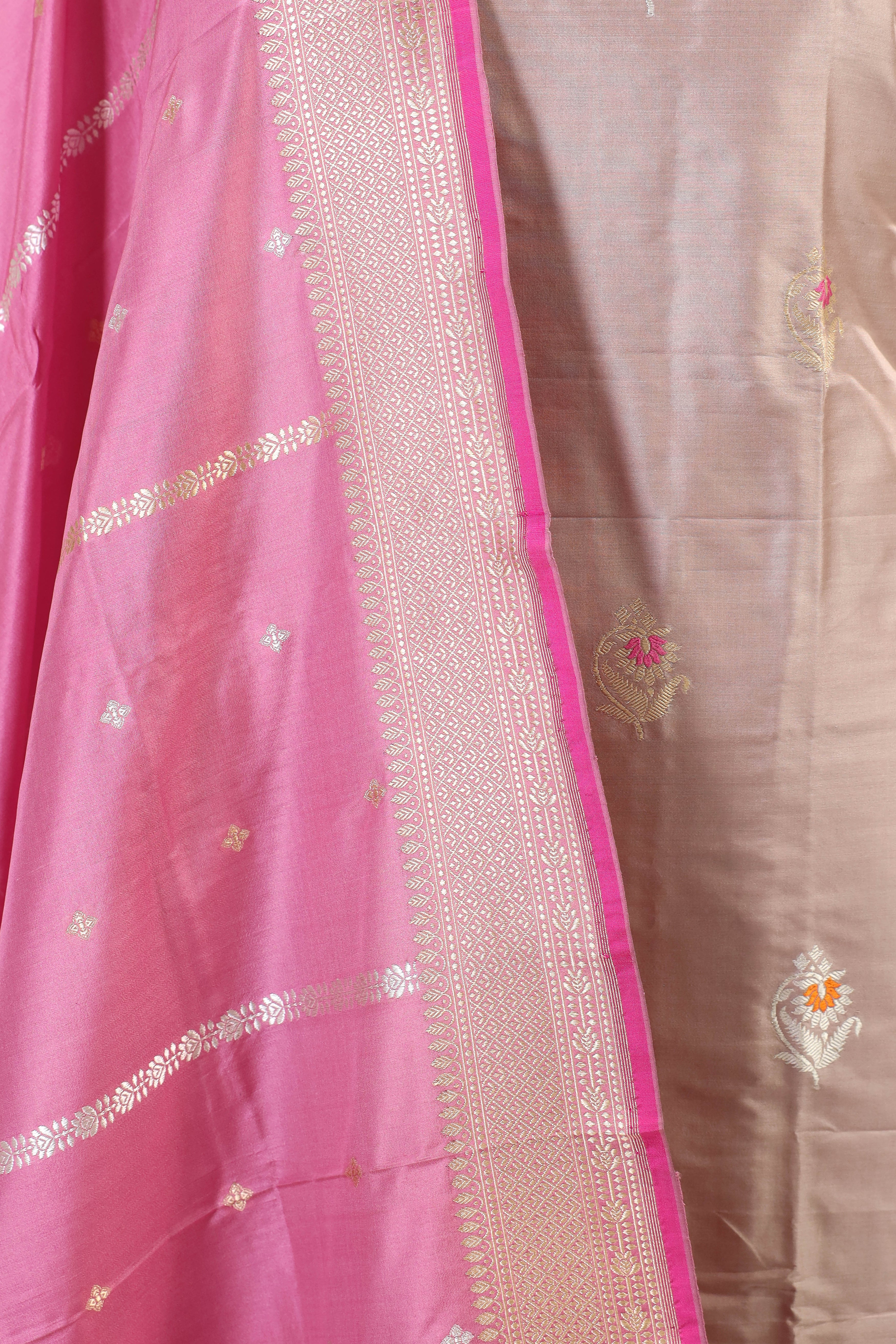 Lilac Beige Katan Silk Suit Set With Contrast Dupatta