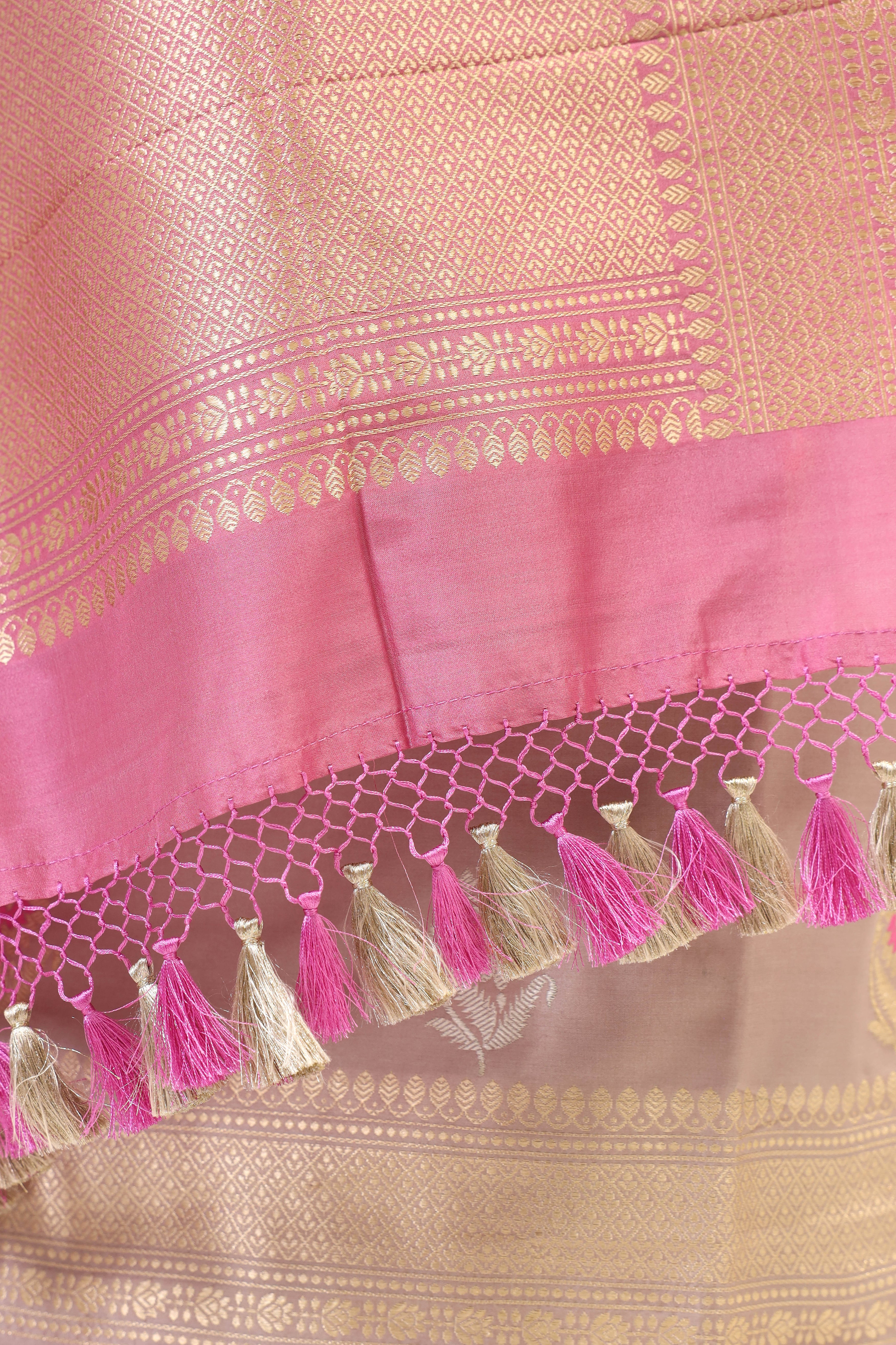 Lilac Beige Katan Silk Suit Set With Contrast Dupatta