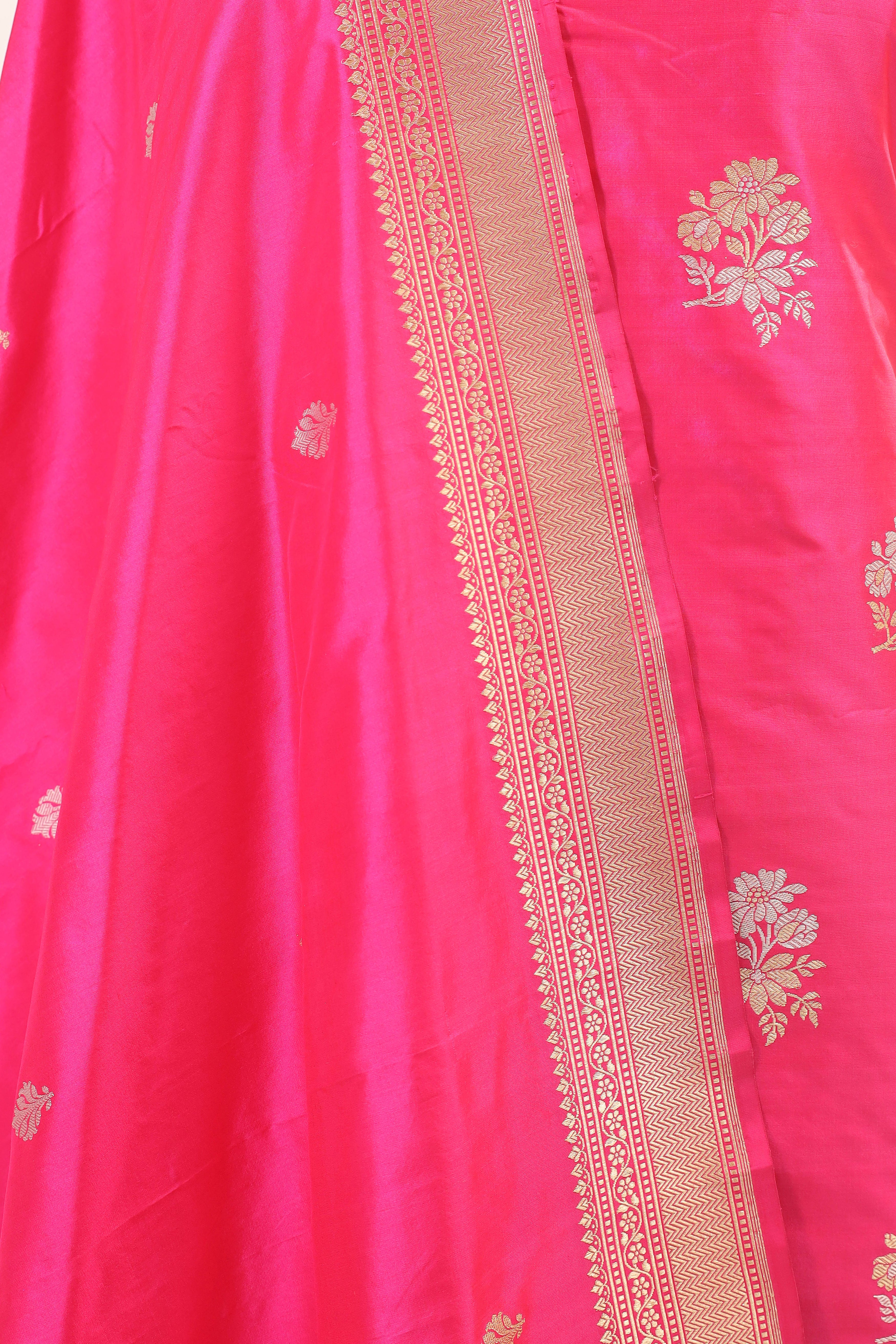 Bright Pink Katan Silk Suit Set With Handwoven Dupatta