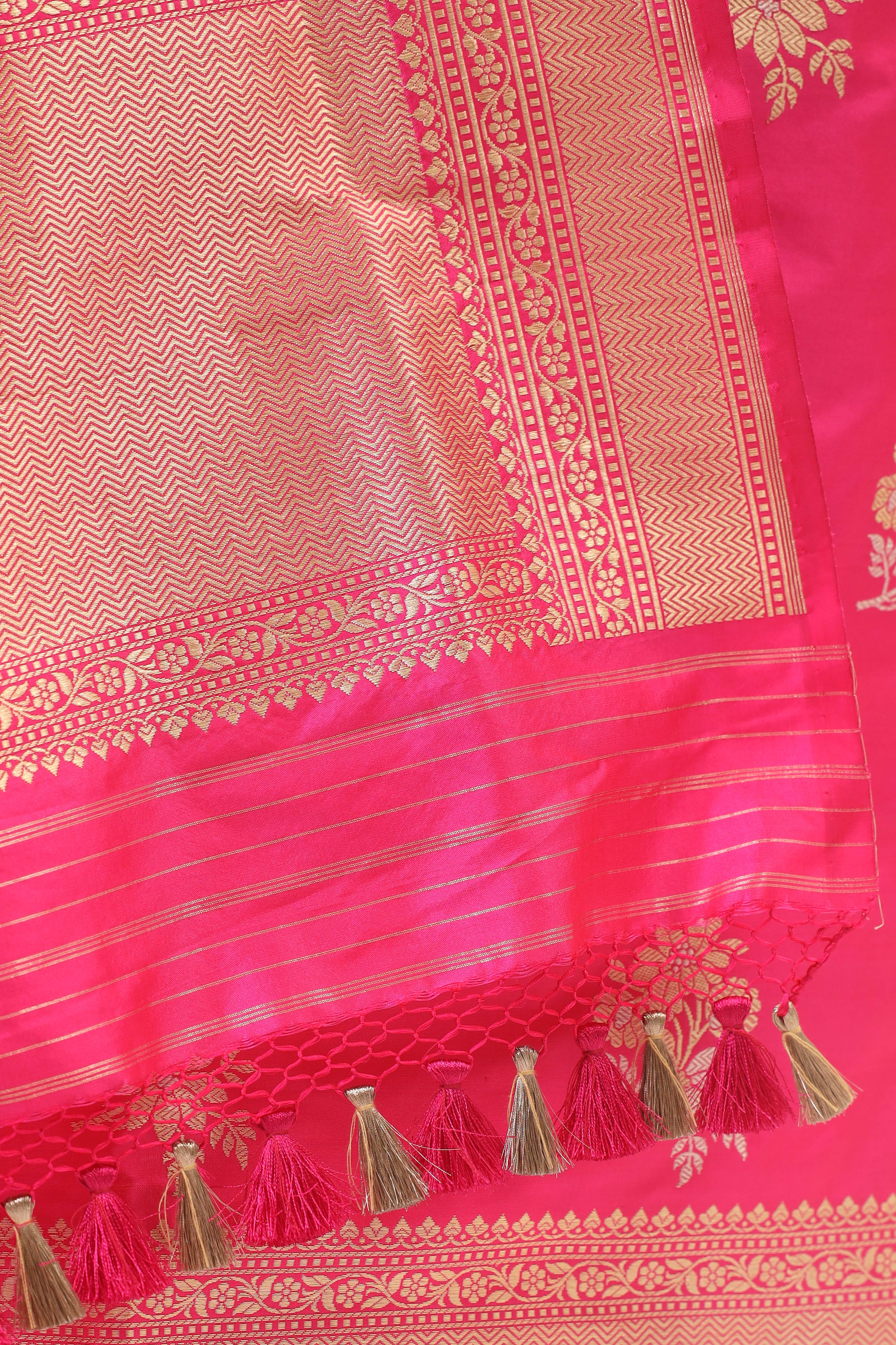 Bright Pink Katan Silk Suit Set With Handwoven Dupatta