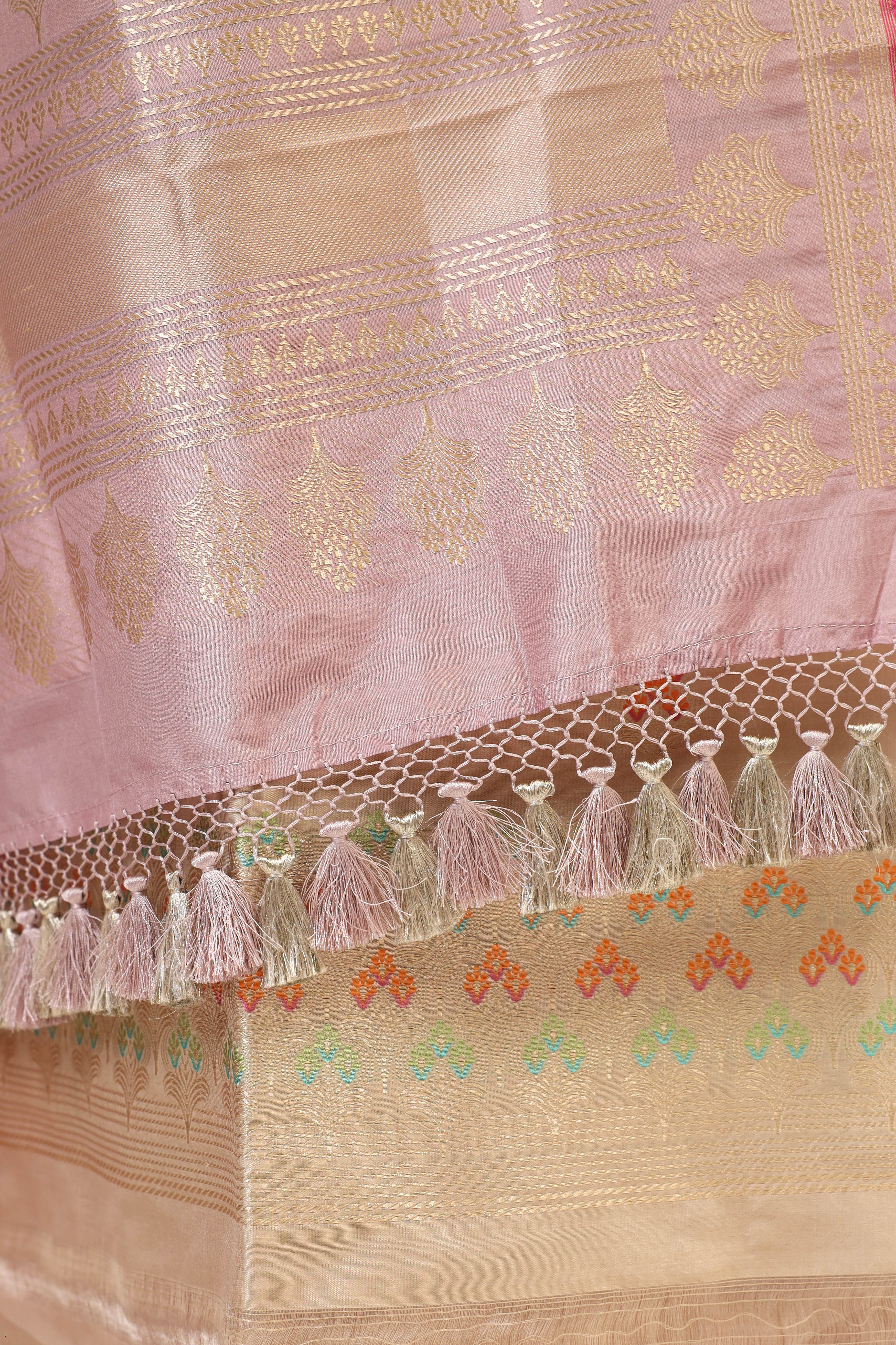 Beige Katan Silk Suit Set With Contrast Dupatta