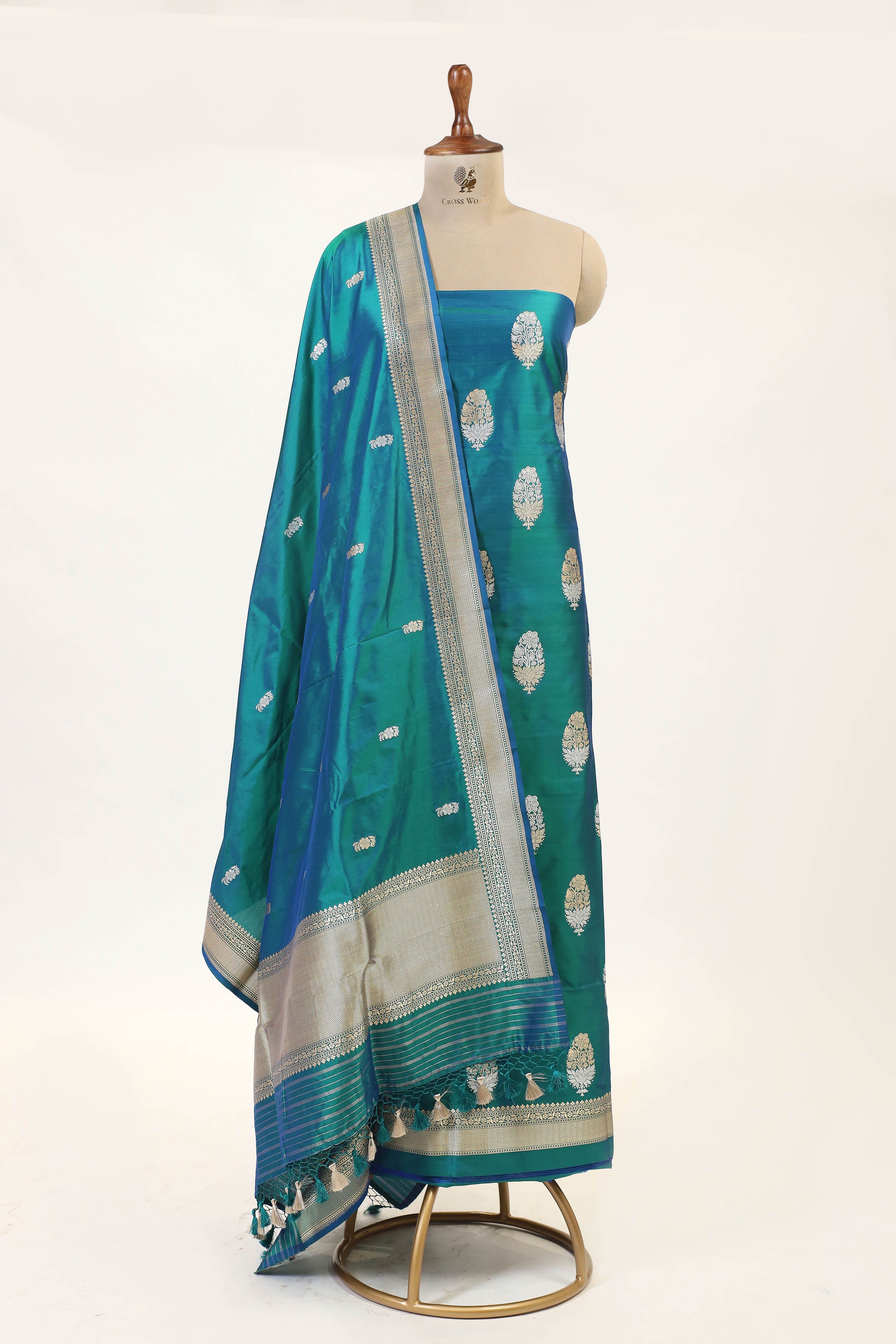 Dual Tone Peacock Green Katan Silk Suit Set With Handwoven Dupatta