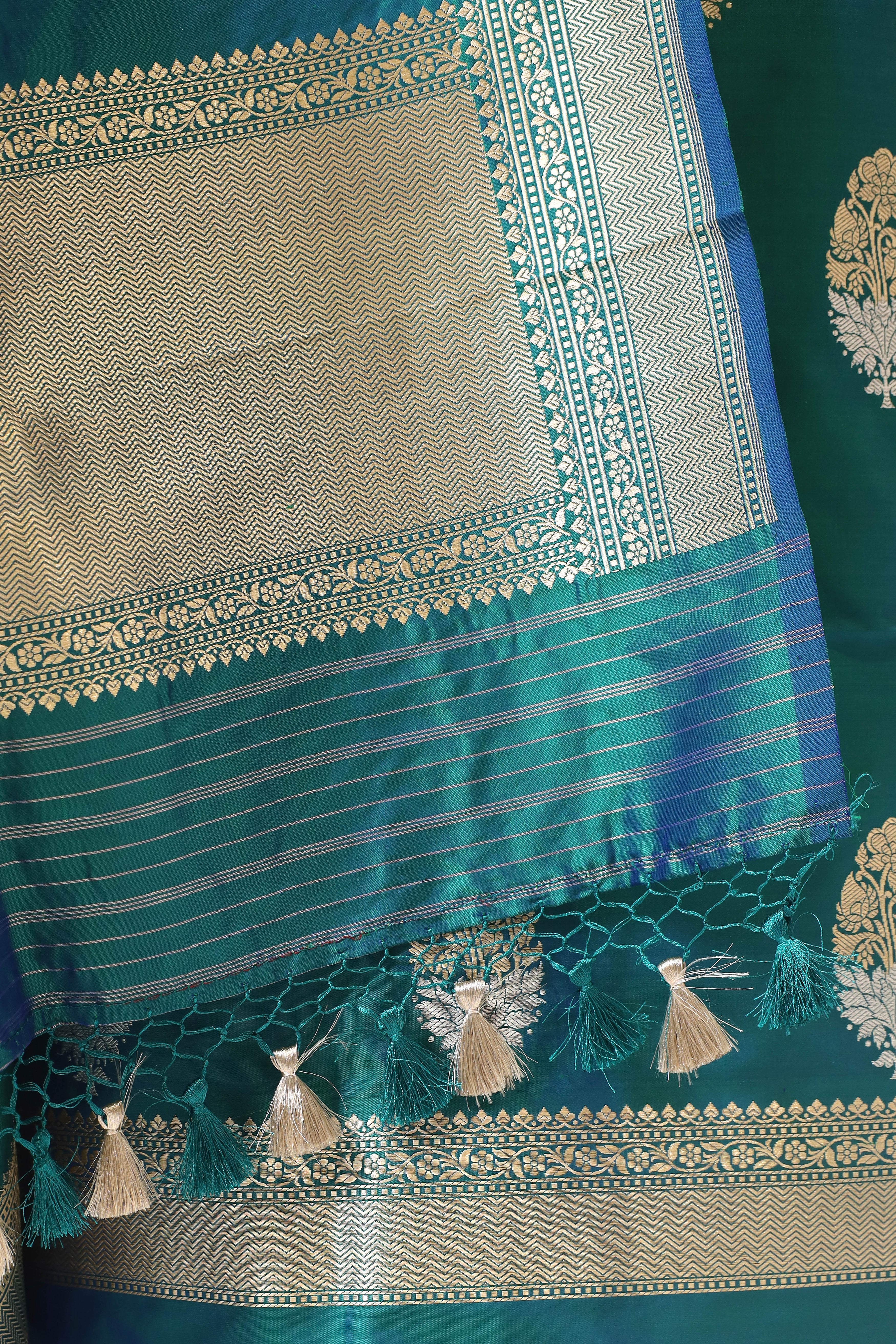 Dual Tone Peacock Green Katan Silk Suit Set With Handwoven Dupatta