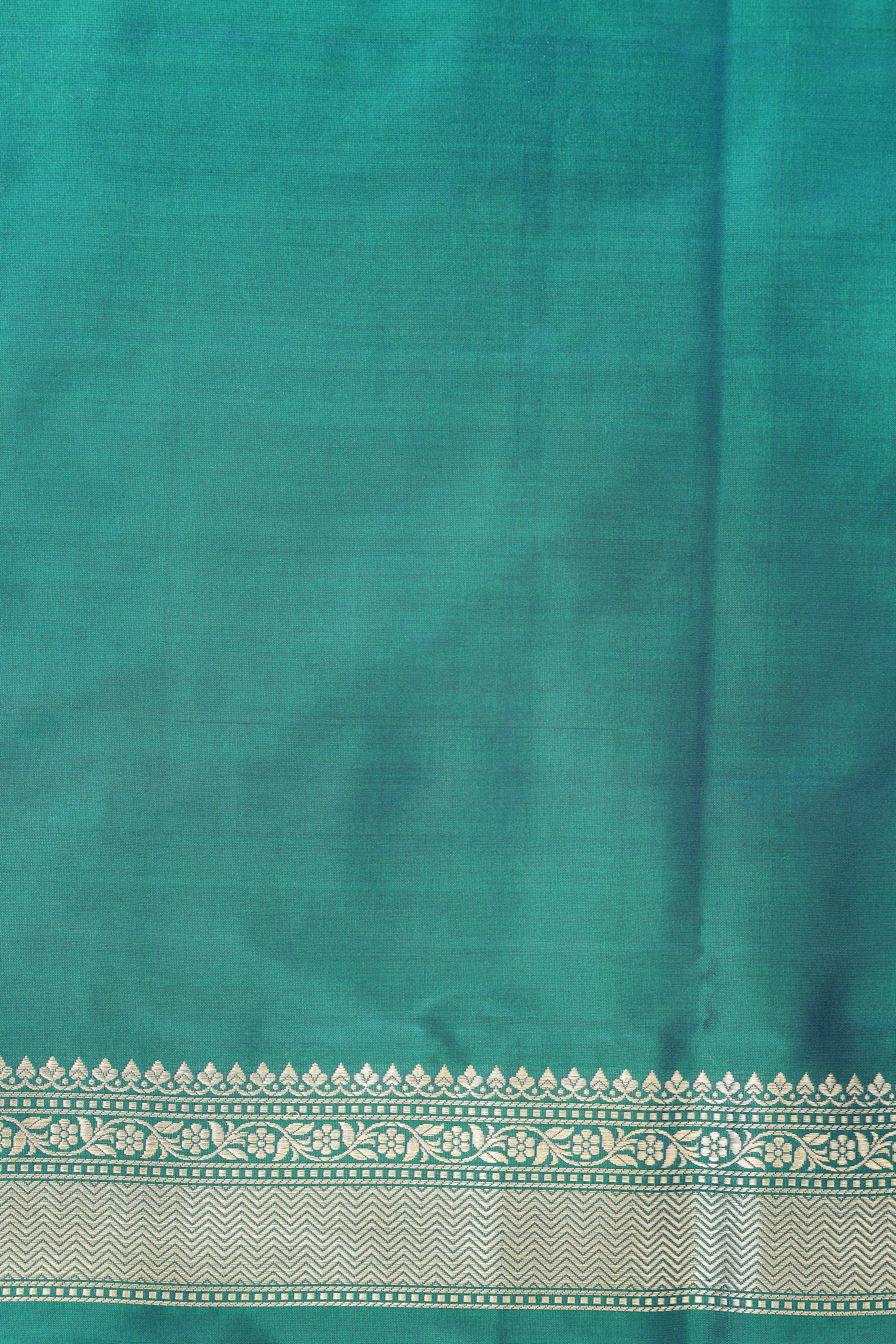 Dual Tone Peacock Green Katan Silk Suit Set With Handwoven Dupatta