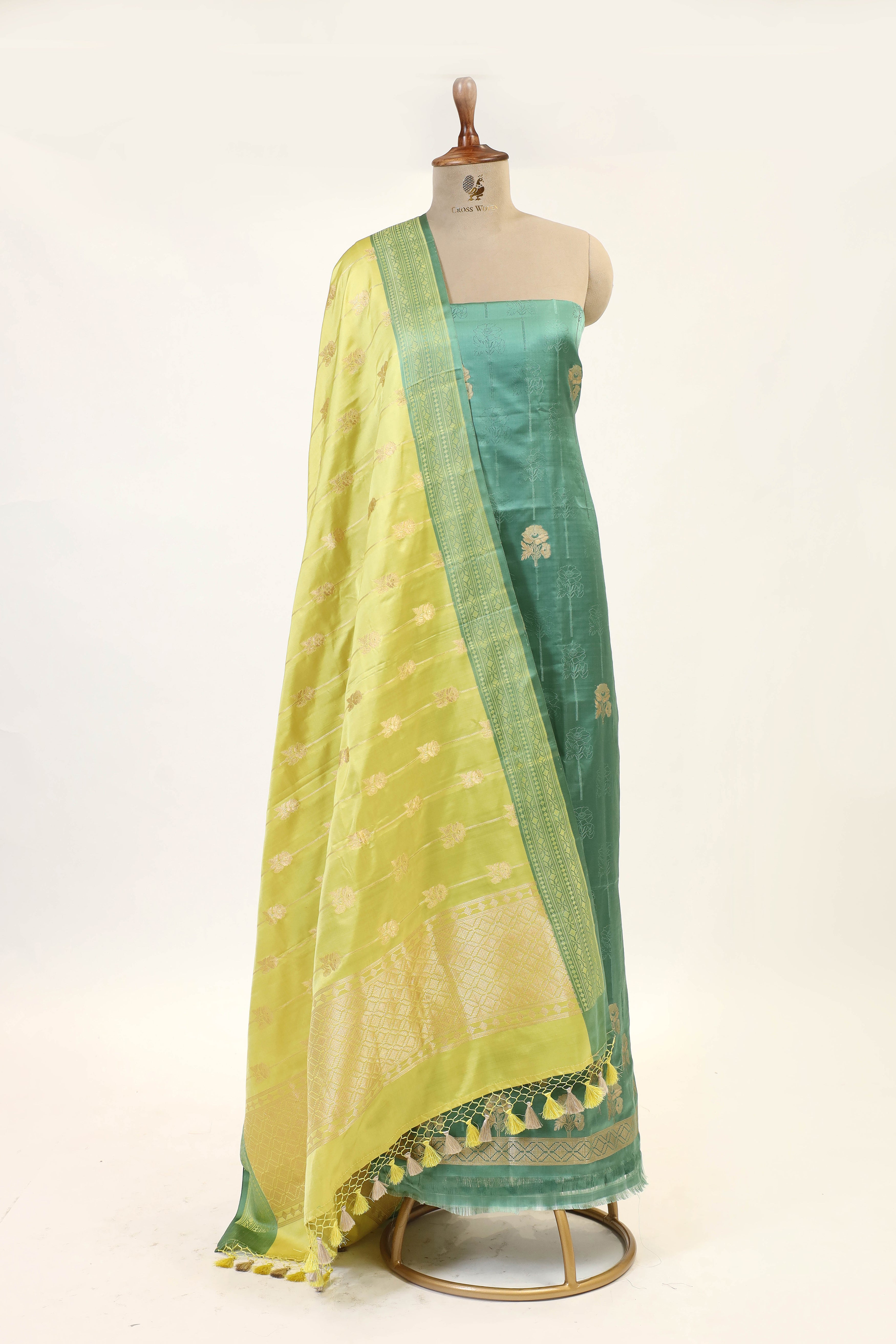 Teal Green Banarasi Tanchoi Silk Suit Set With Lime Green Dupatta
