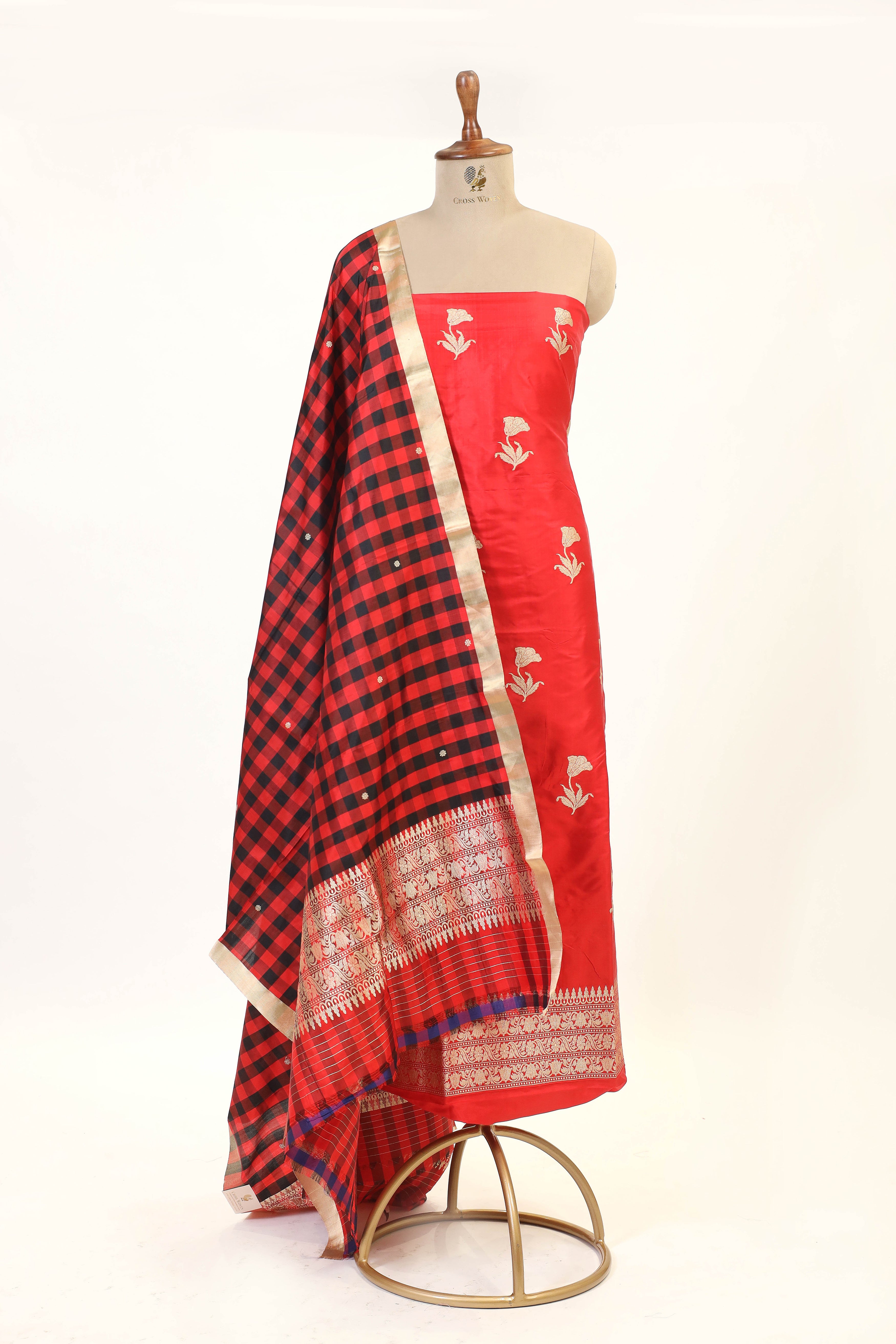 Red Katan Silk Suit Set With Checkered Pattern Dupatta