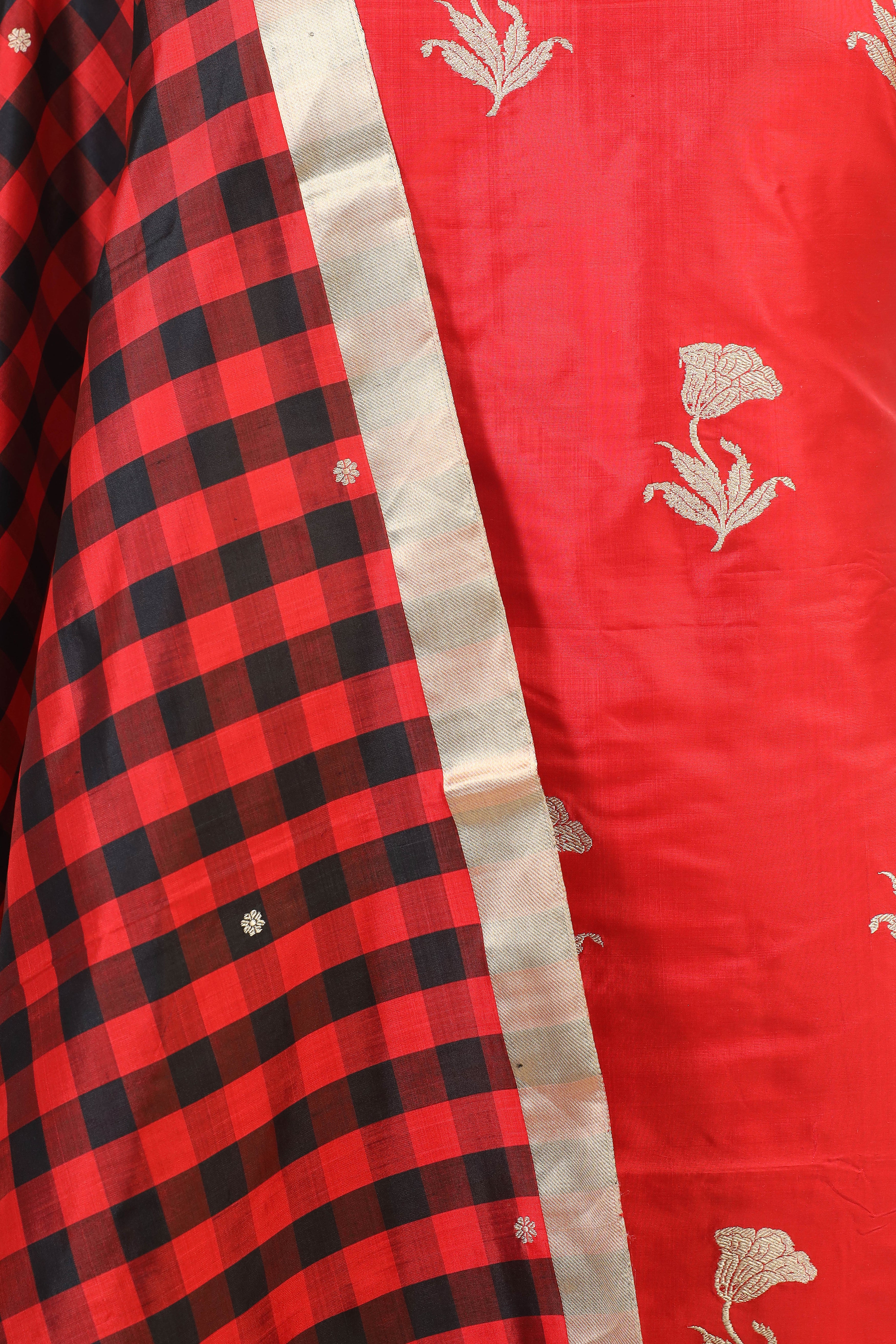 Red Katan Silk Suit Set With Checkered Pattern Dupatta