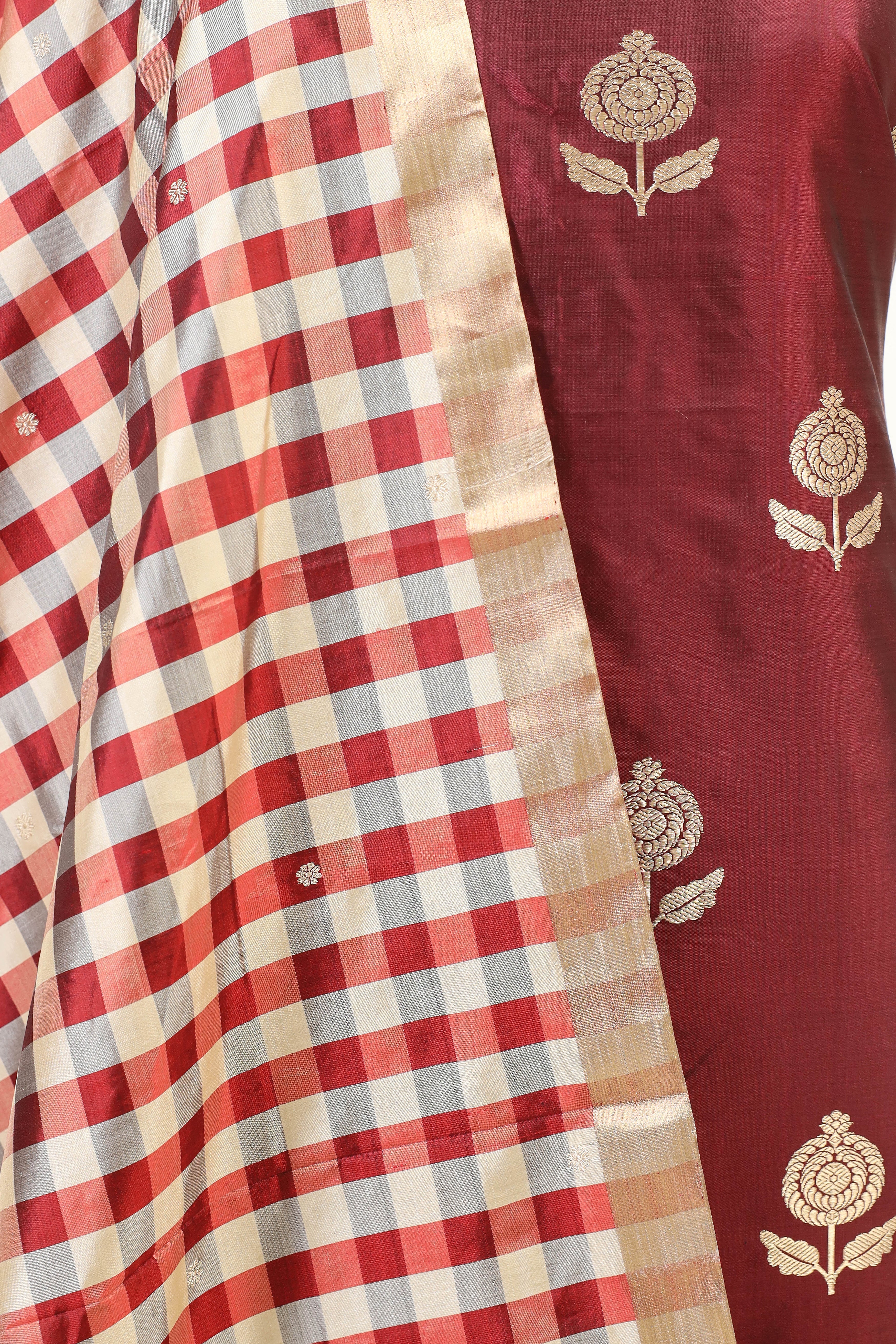 Maroon Katan Silk Suit Set With Checkered Pattern Dupatta