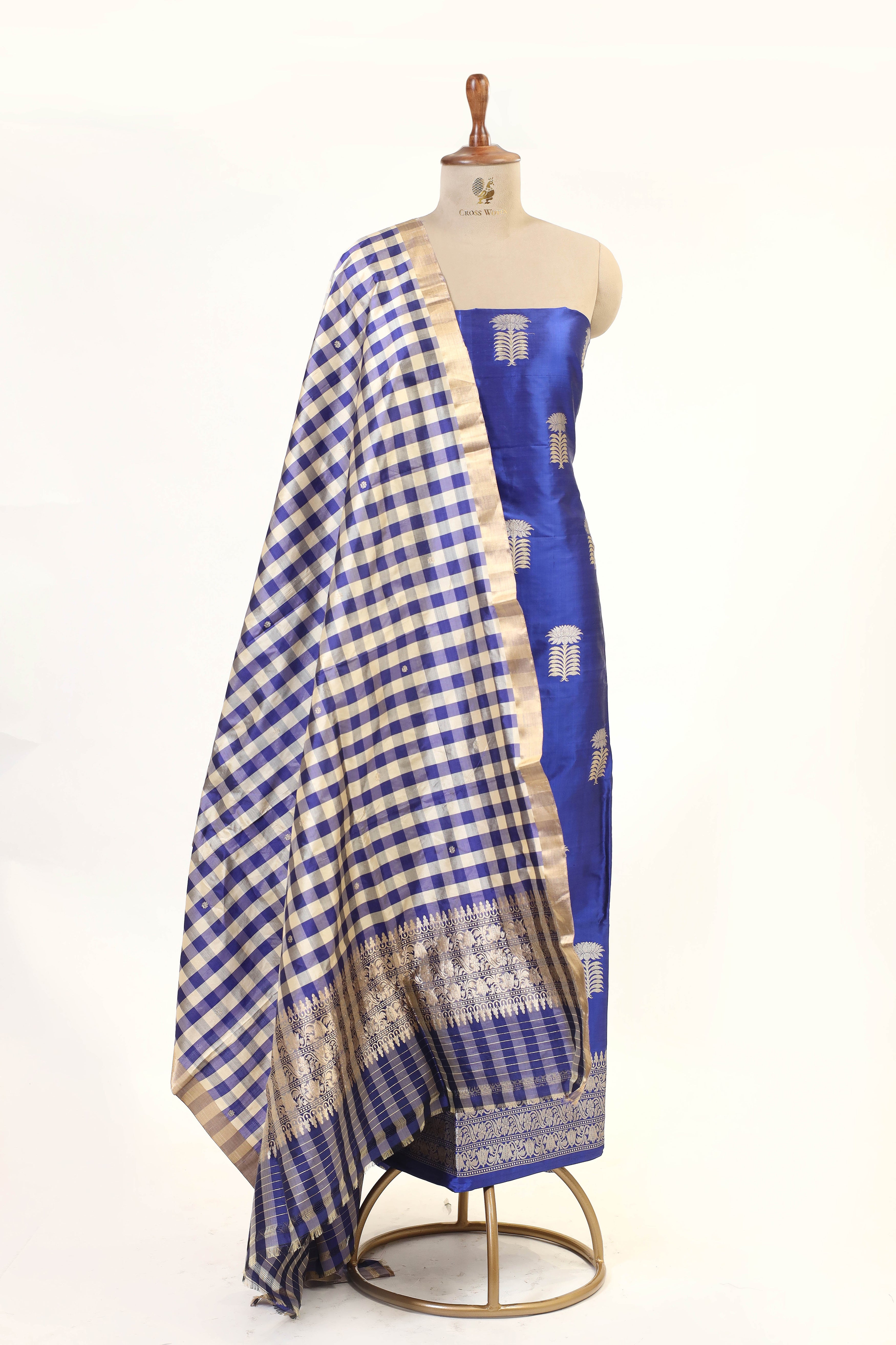 Royal Blue Katan Silk Suit Set With Checkered Pattern Dupatta