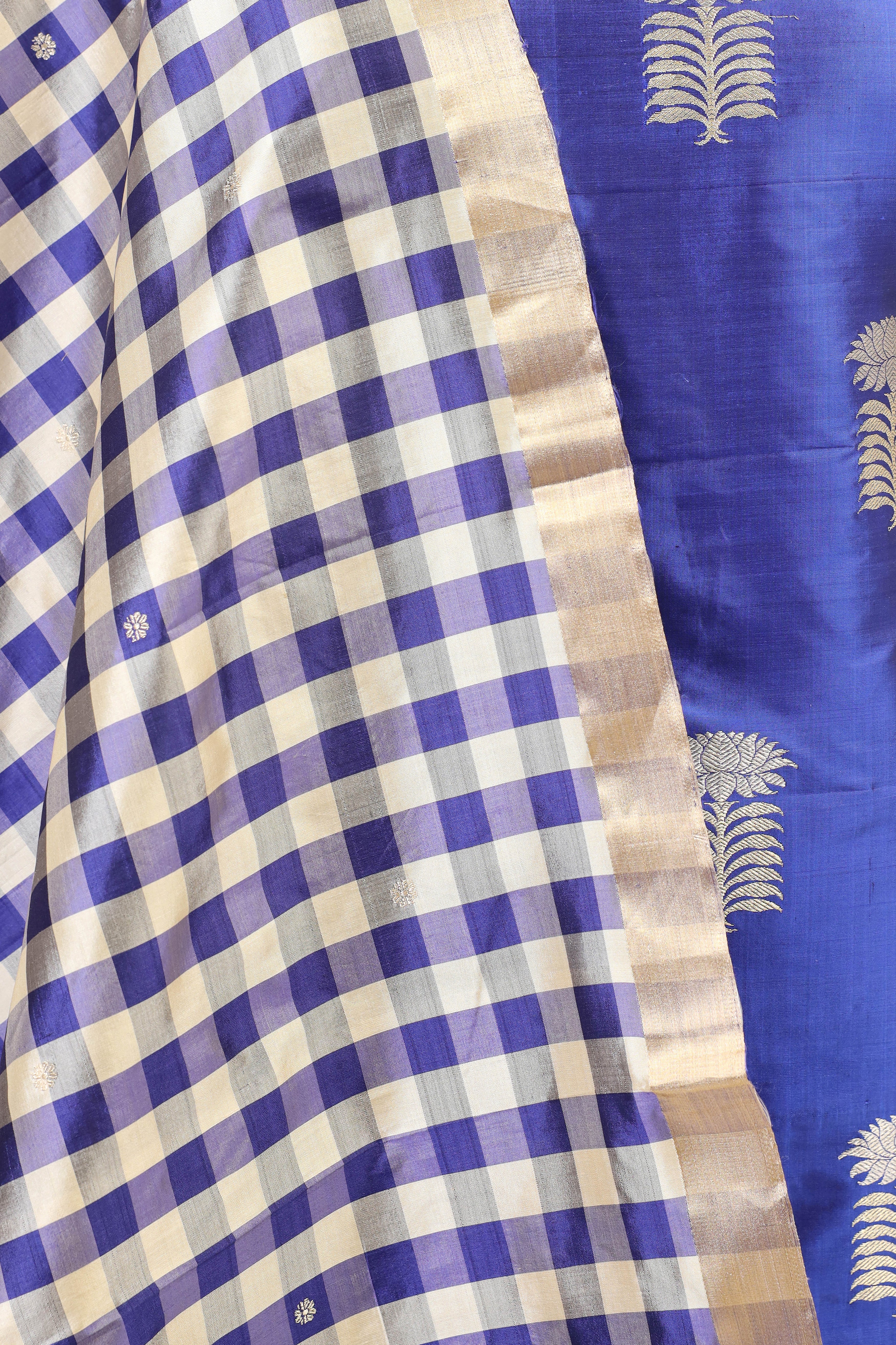 Royal Blue Katan Silk Suit Set With Checkered Pattern Dupatta