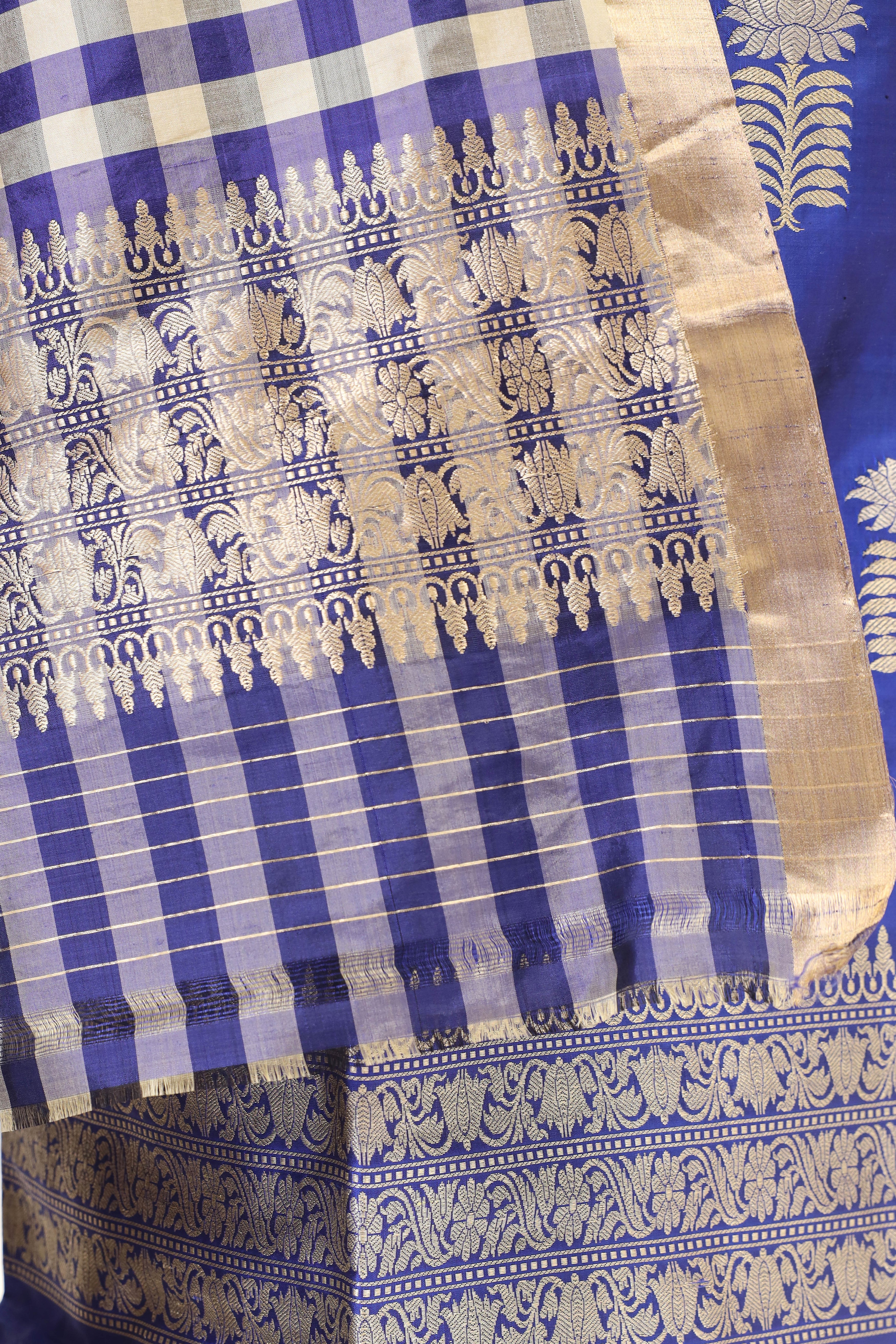 Royal Blue Katan Silk Suit Set With Checkered Pattern Dupatta