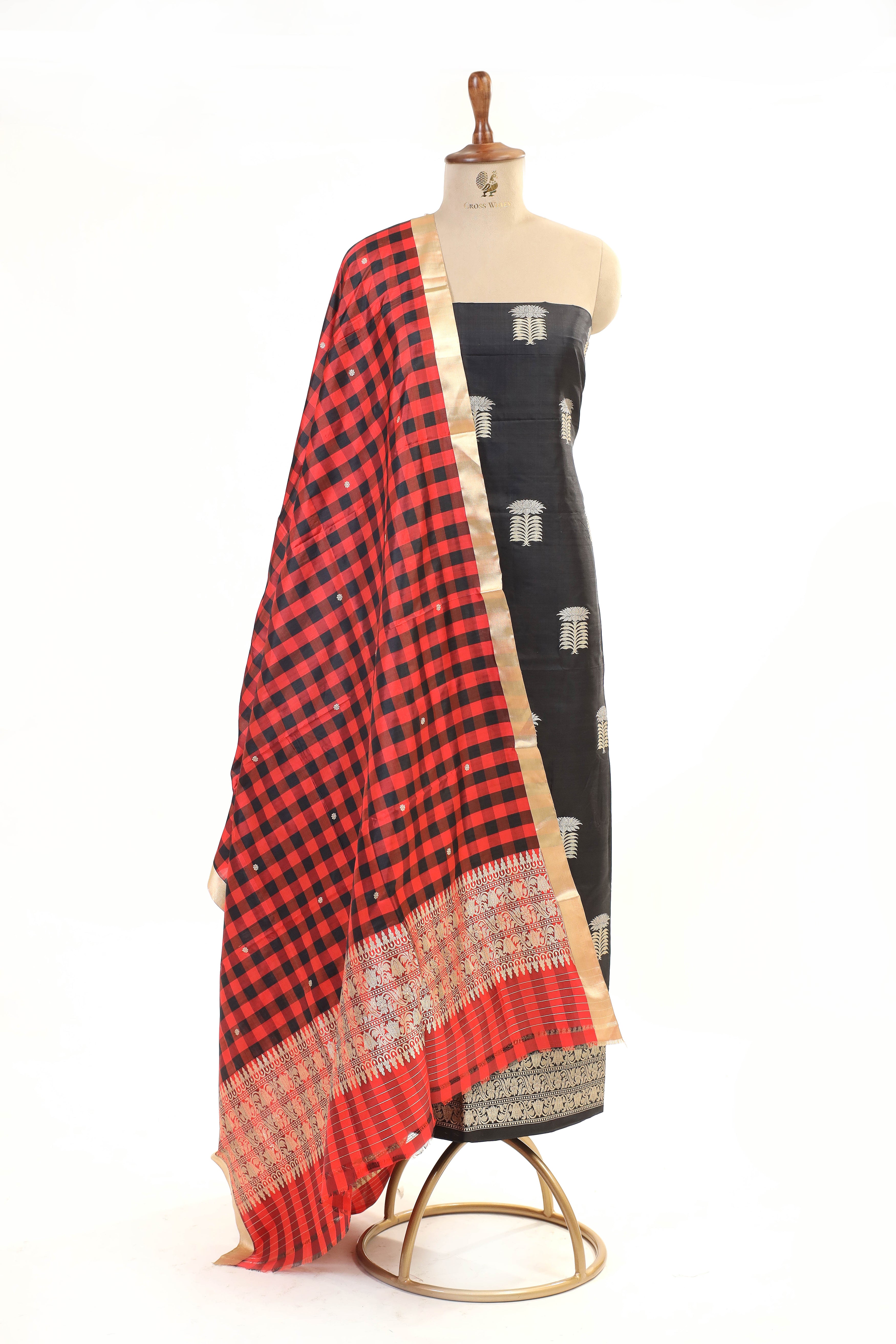 Black Katan Silk Suit Set With Checkered Pattern Dupatta