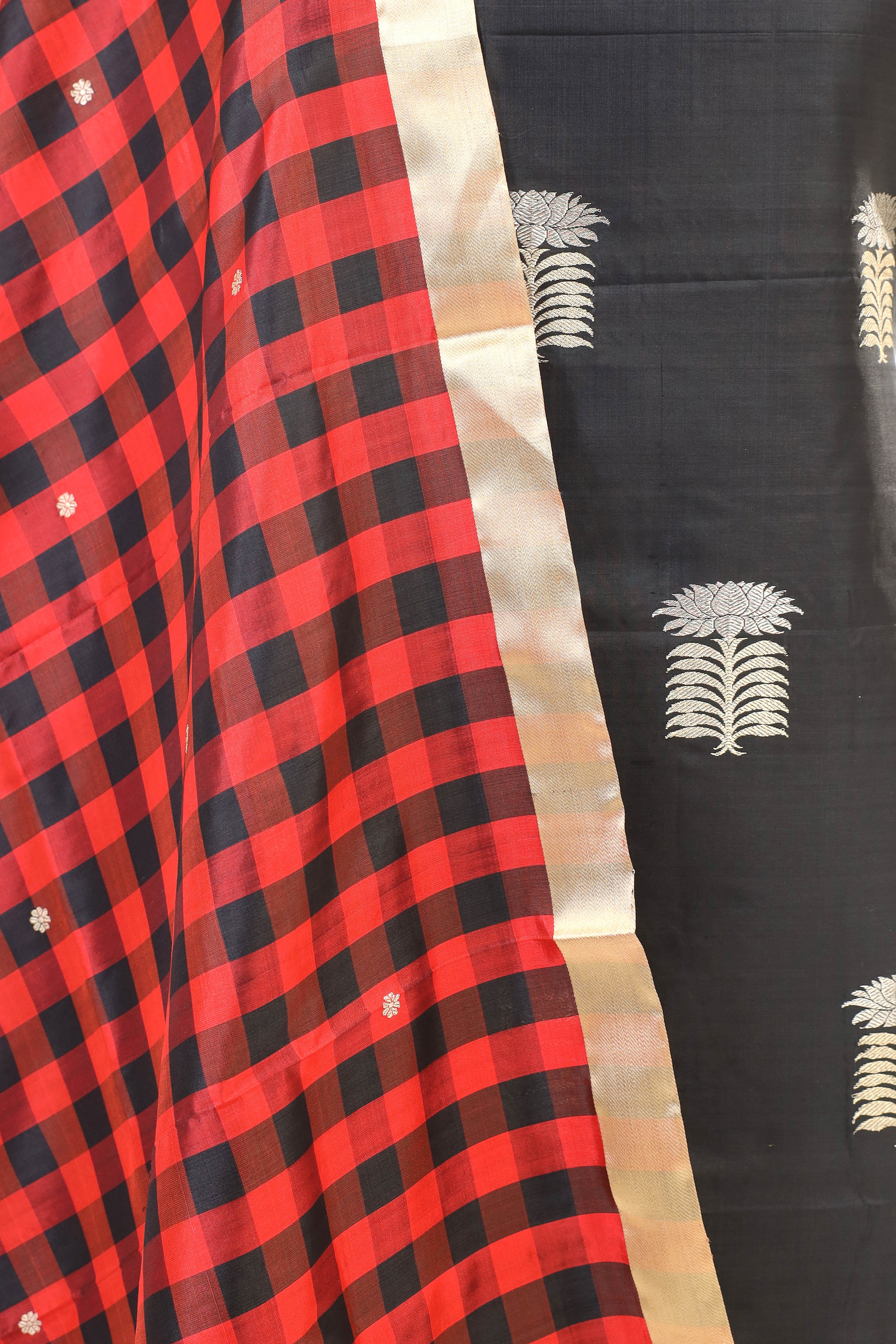 Black Katan Silk Suit Set With Checkered Pattern Dupatta