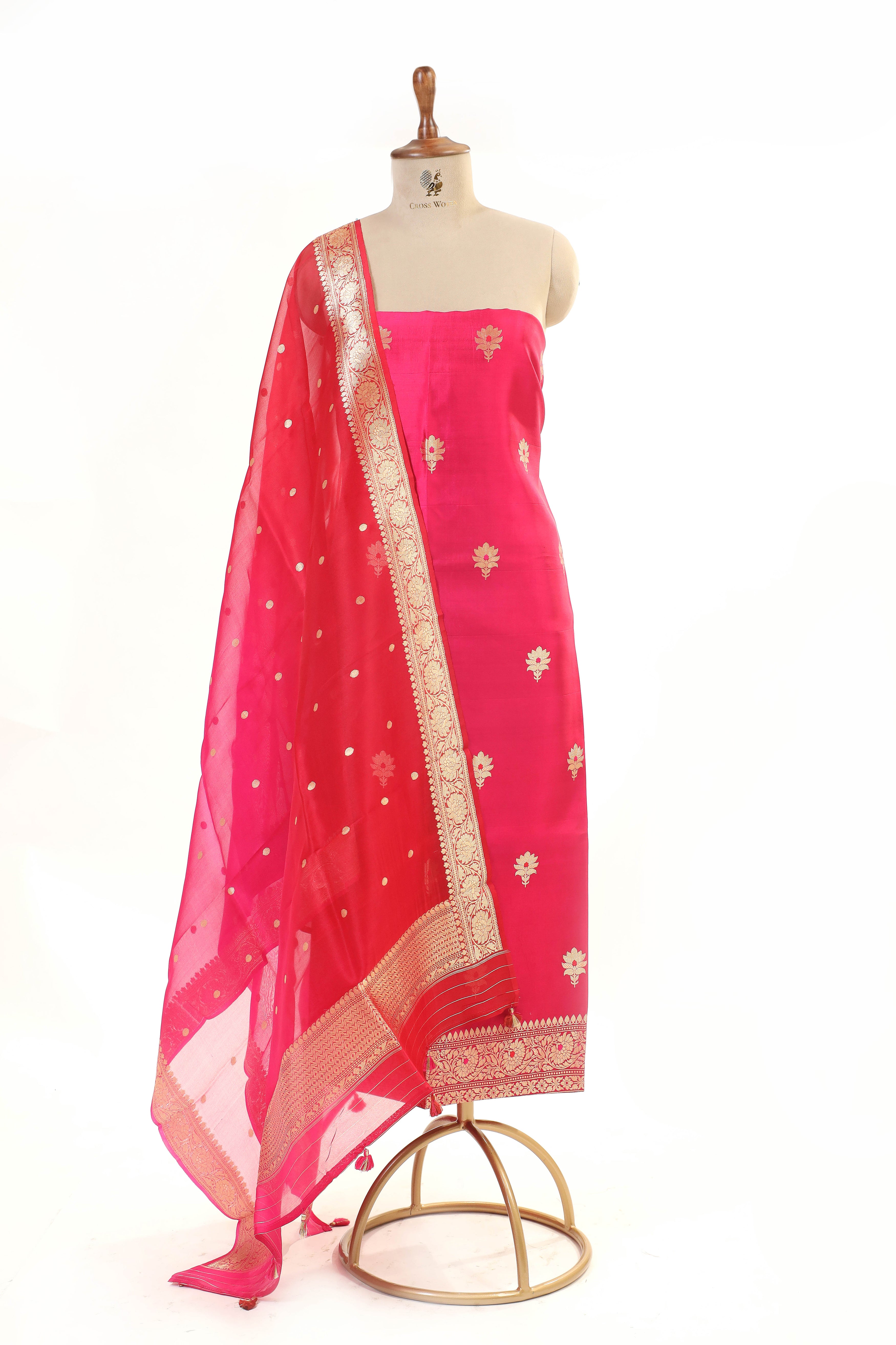 Rani Pink Banarasi Soft Silk Suit Set With Shaded Organza Dupatta
