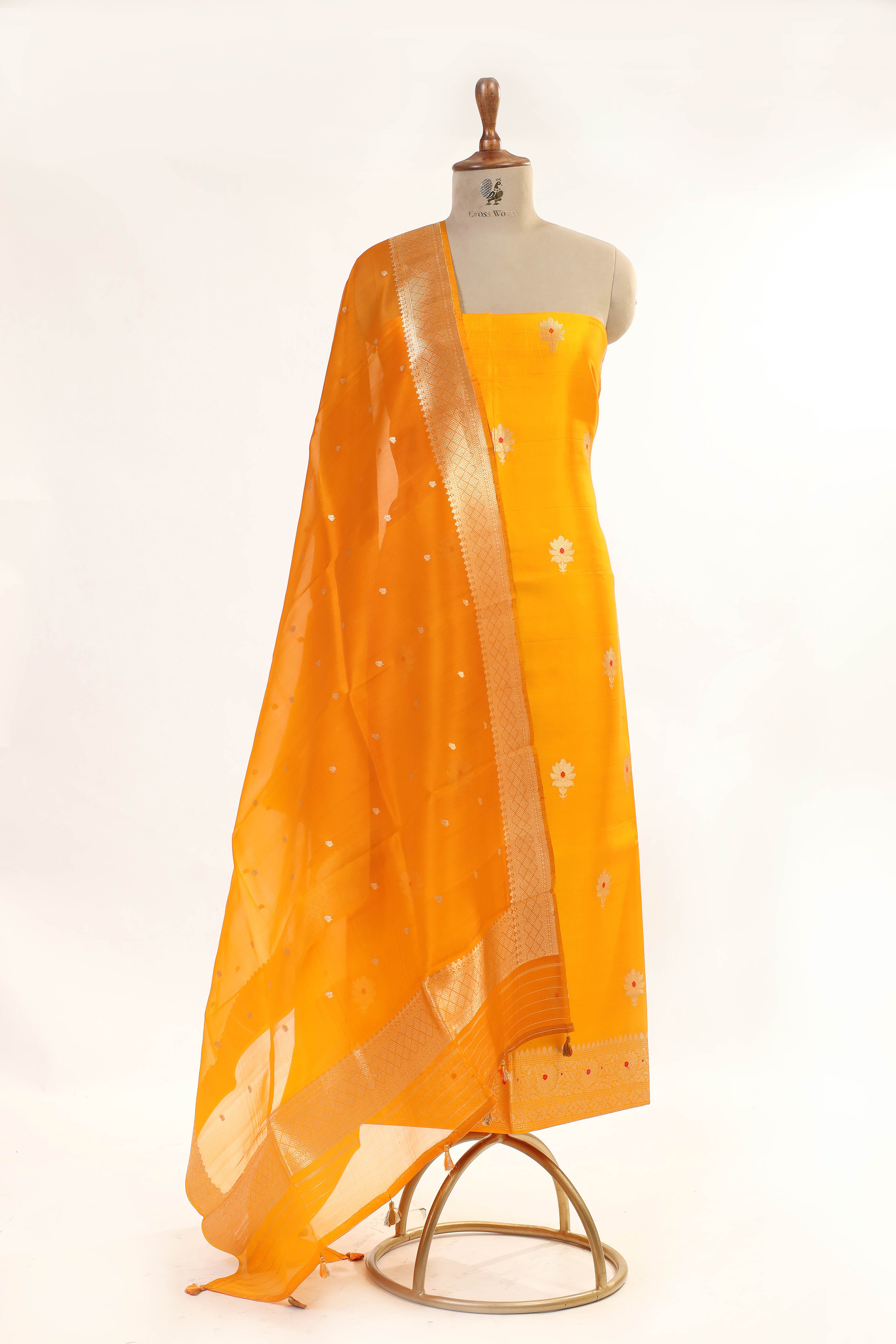 Golden Yellow Banarasi Soft Silk Suit Set With Shaded Organza Dupatta