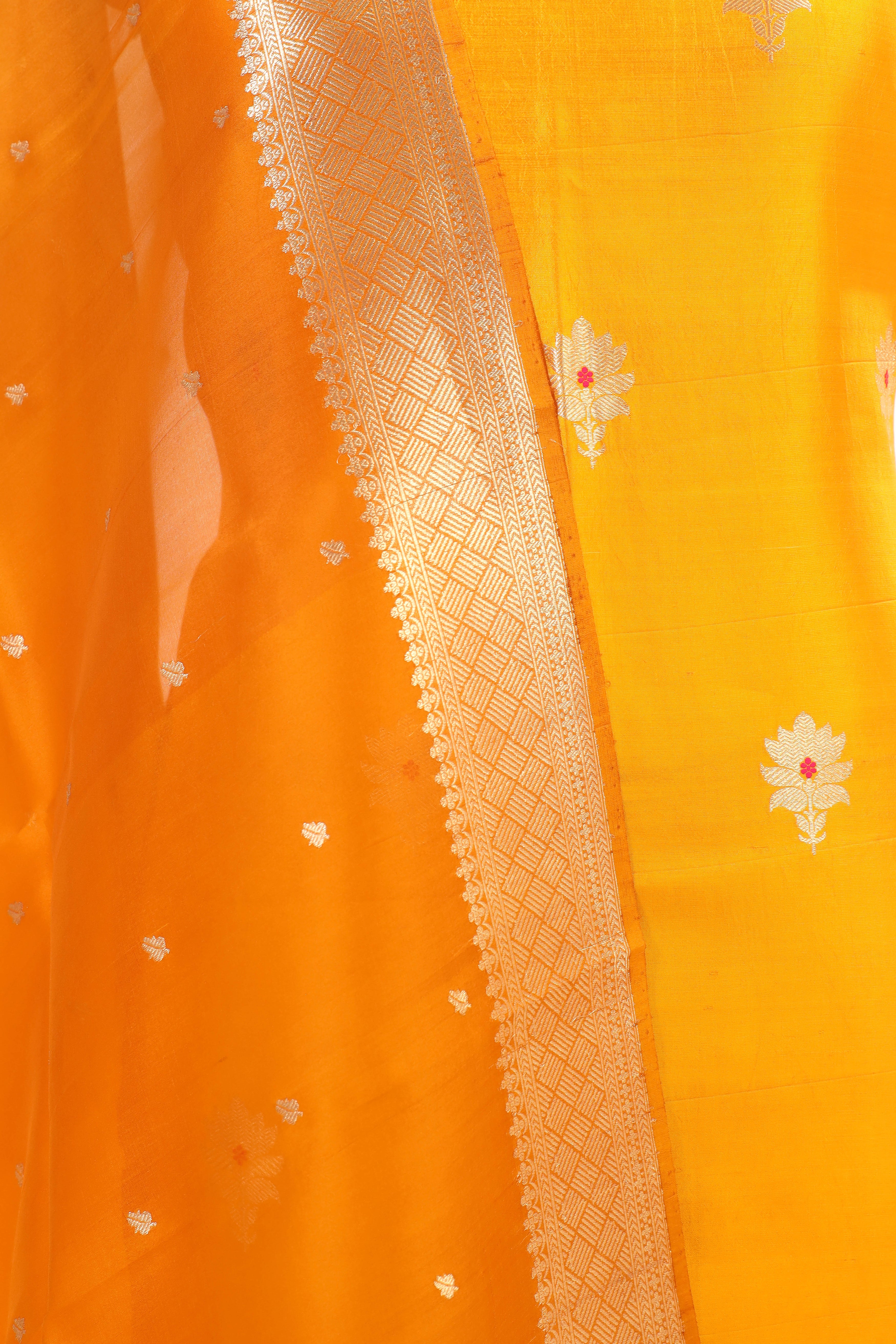 Golden Yellow Banarasi Soft Silk Suit Set With Shaded Organza Dupatta