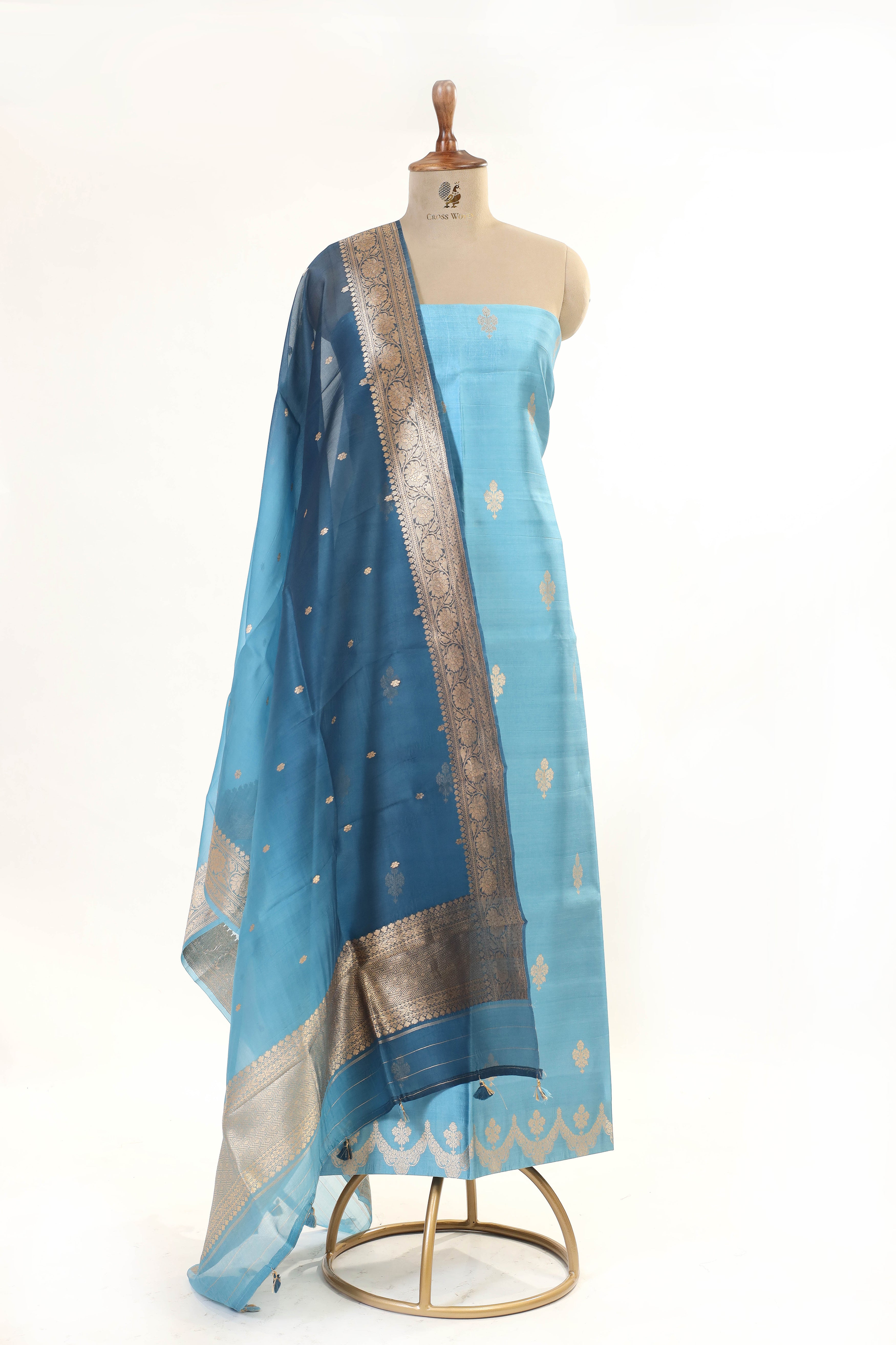 Sky Blue Banarasi Soft Silk Suit Set With Shaded Organza Dupatta