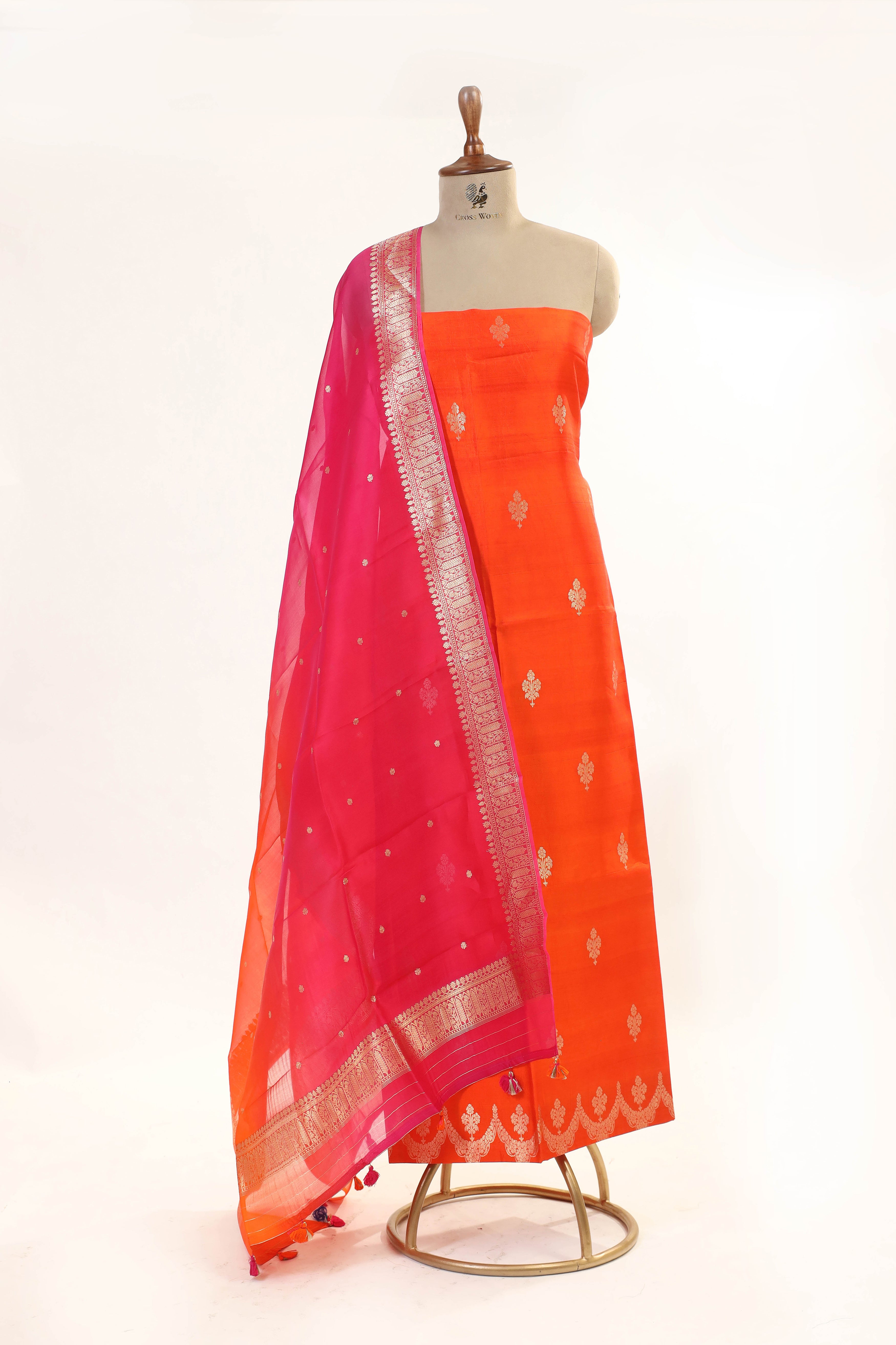 Orange Banarasi Soft Silk Suit Set With Floral Booti And Shaded Organza Dupatta