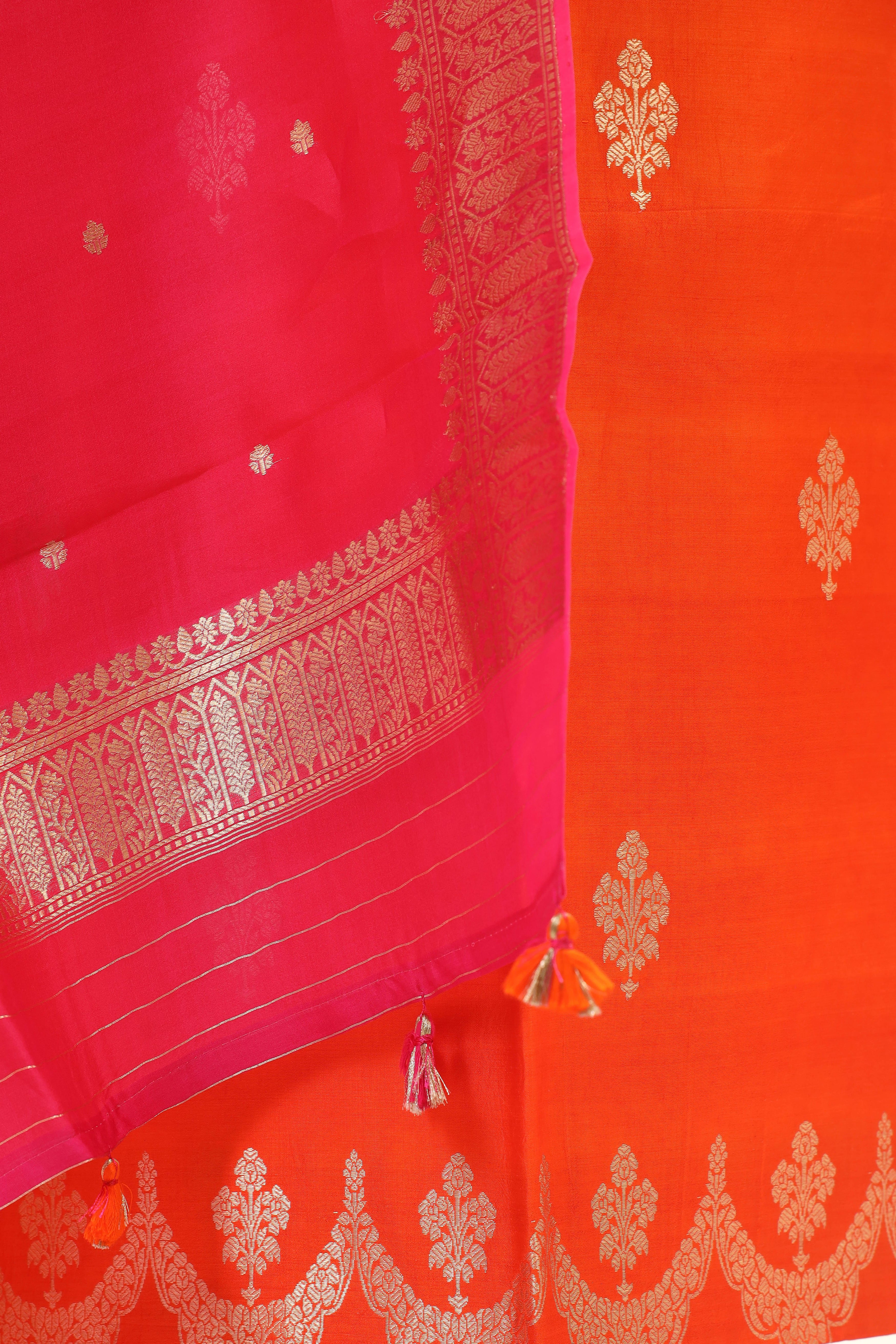 Orange Banarasi Soft Silk Suit Set With Floral Booti And Shaded Organza Dupatta
