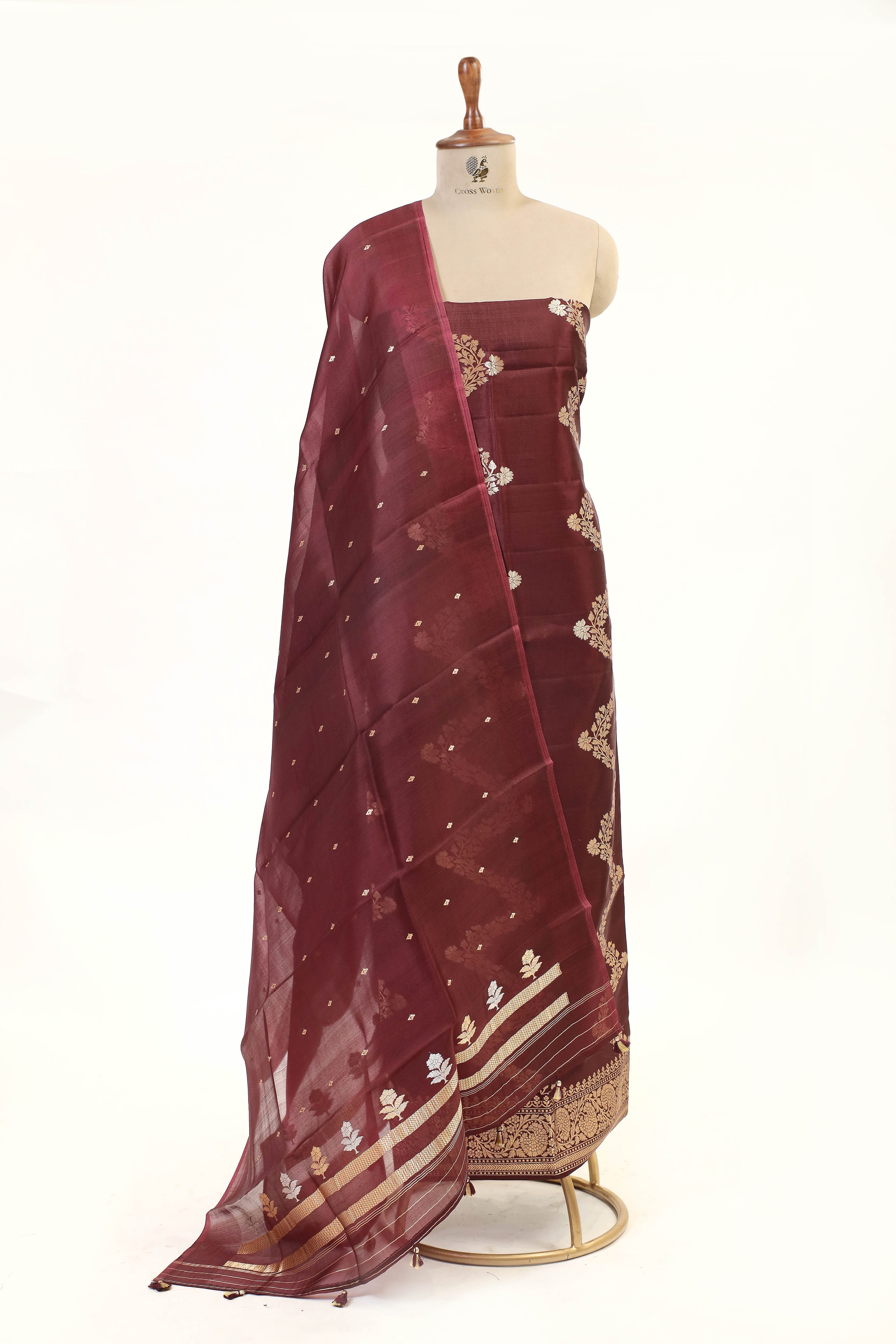 Deep Brown Banarasi Soft Silk Suit Set With Organza Dupatta