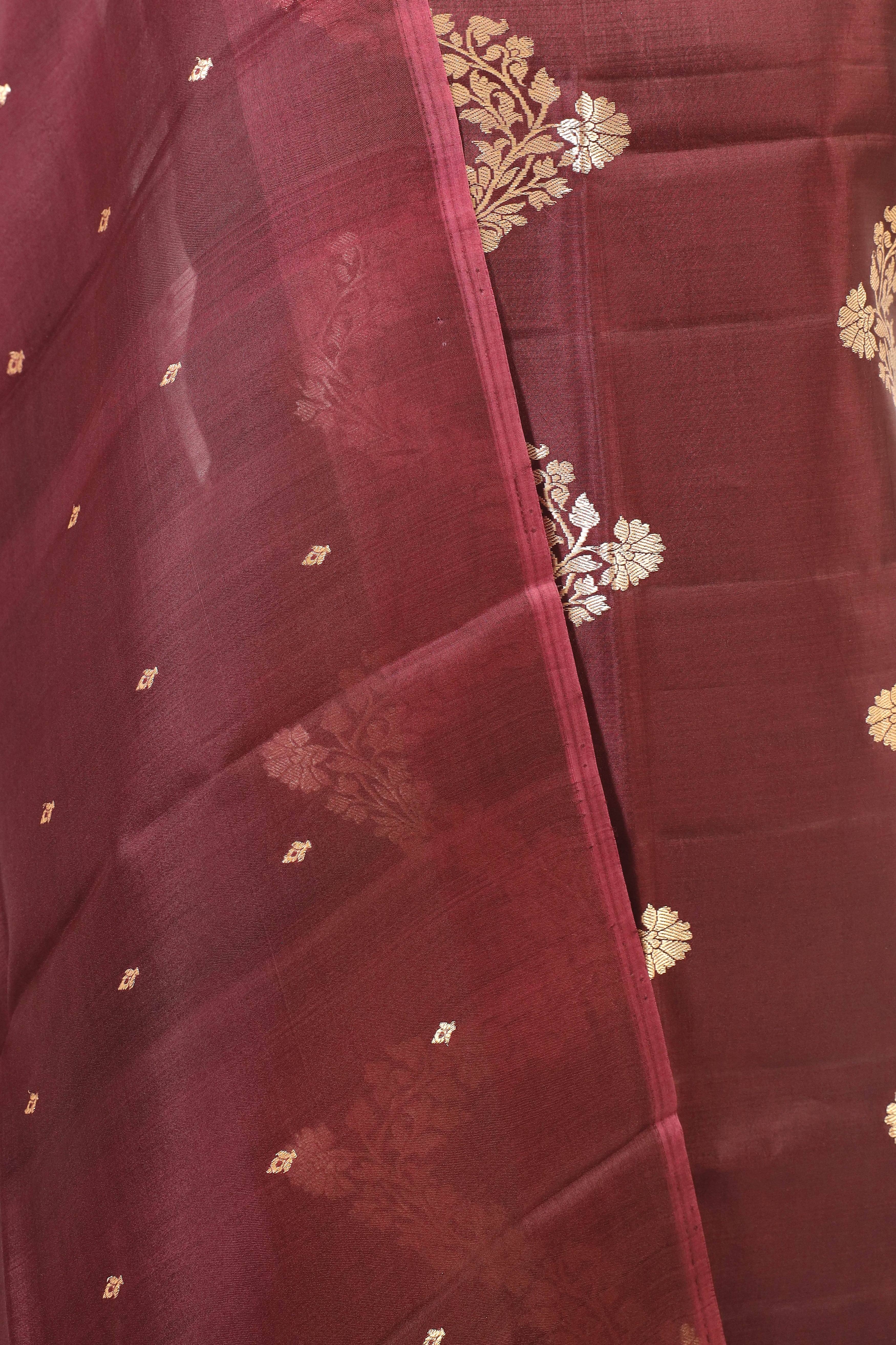 Deep Brown Banarasi Soft Silk Suit Set With Organza Dupatta