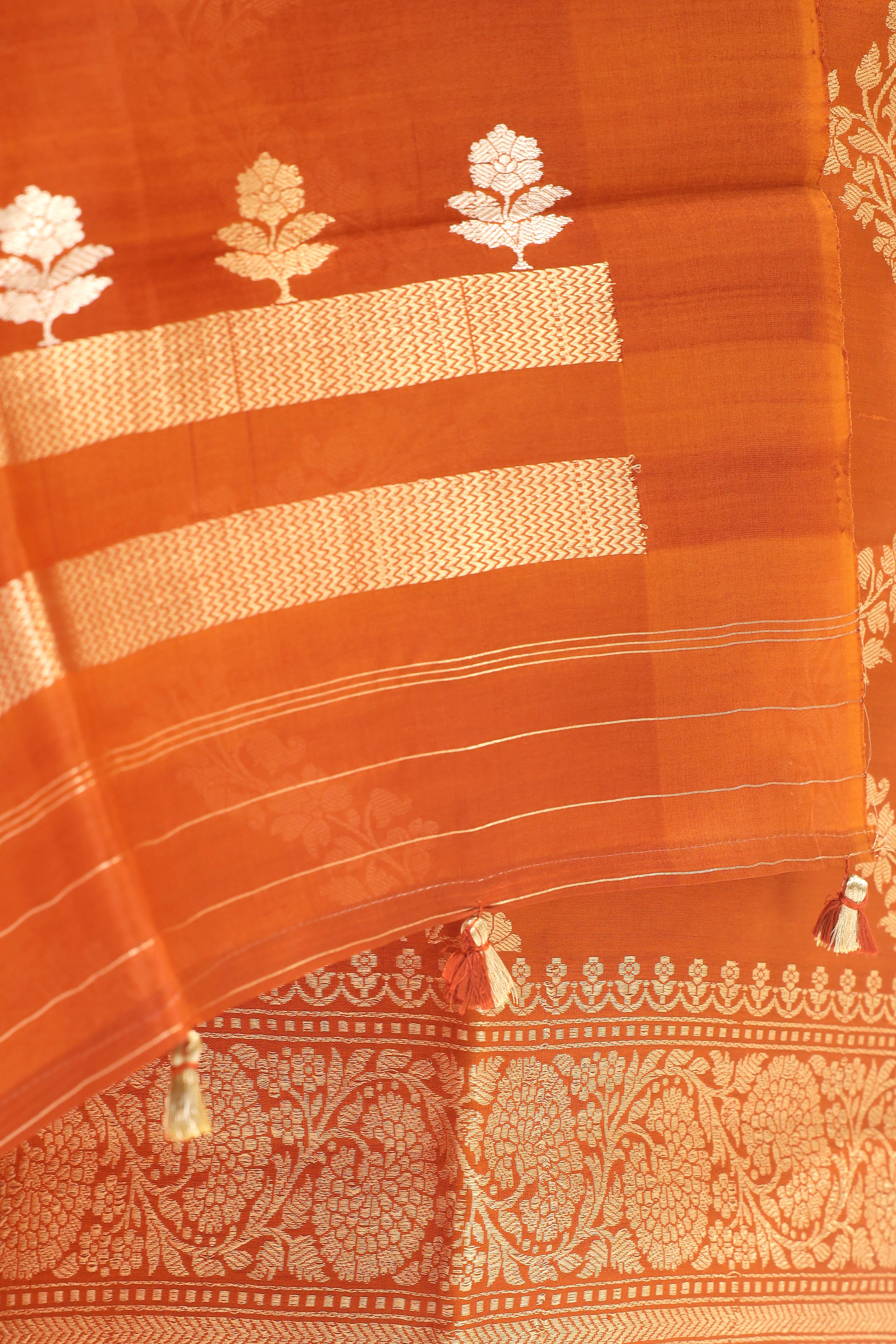Burnt Orange Banarasi Soft Silk Suit Set With Organza Dupatta