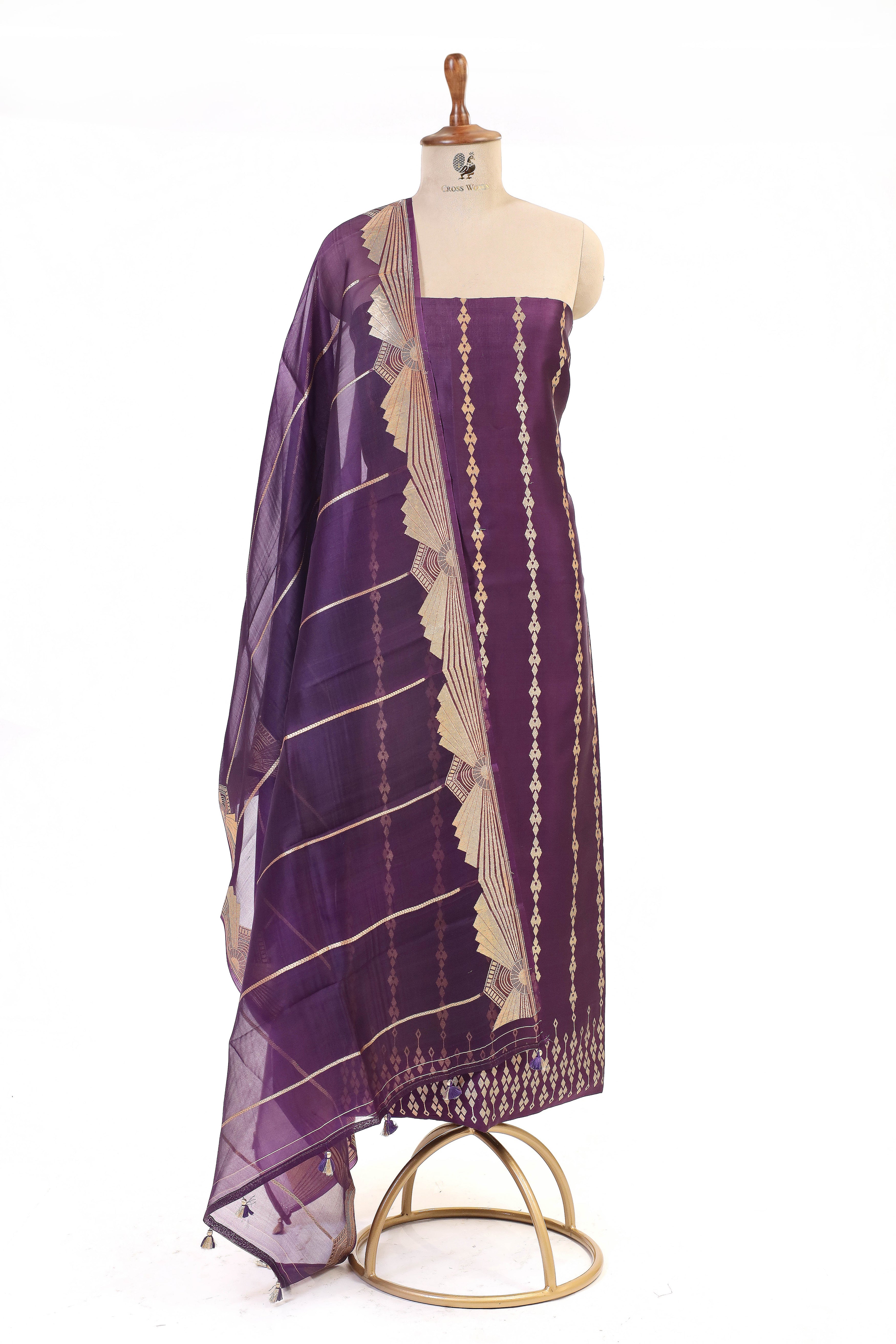 Purple Banarasi Soft Silk Suit Set With Organza Dupatta