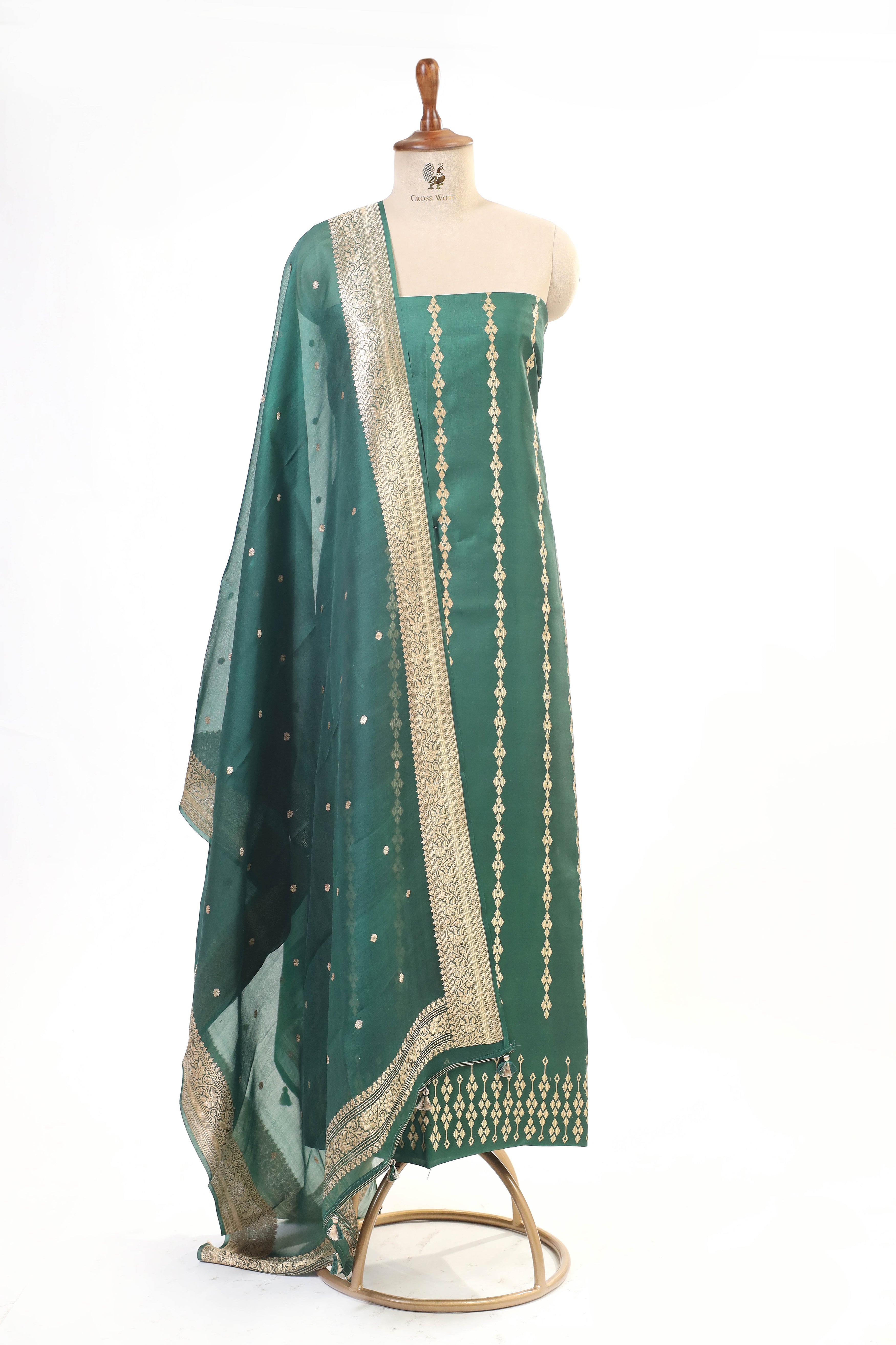 Bottle Green Banarasi Soft Silk Suit Set With Organza Dupatta