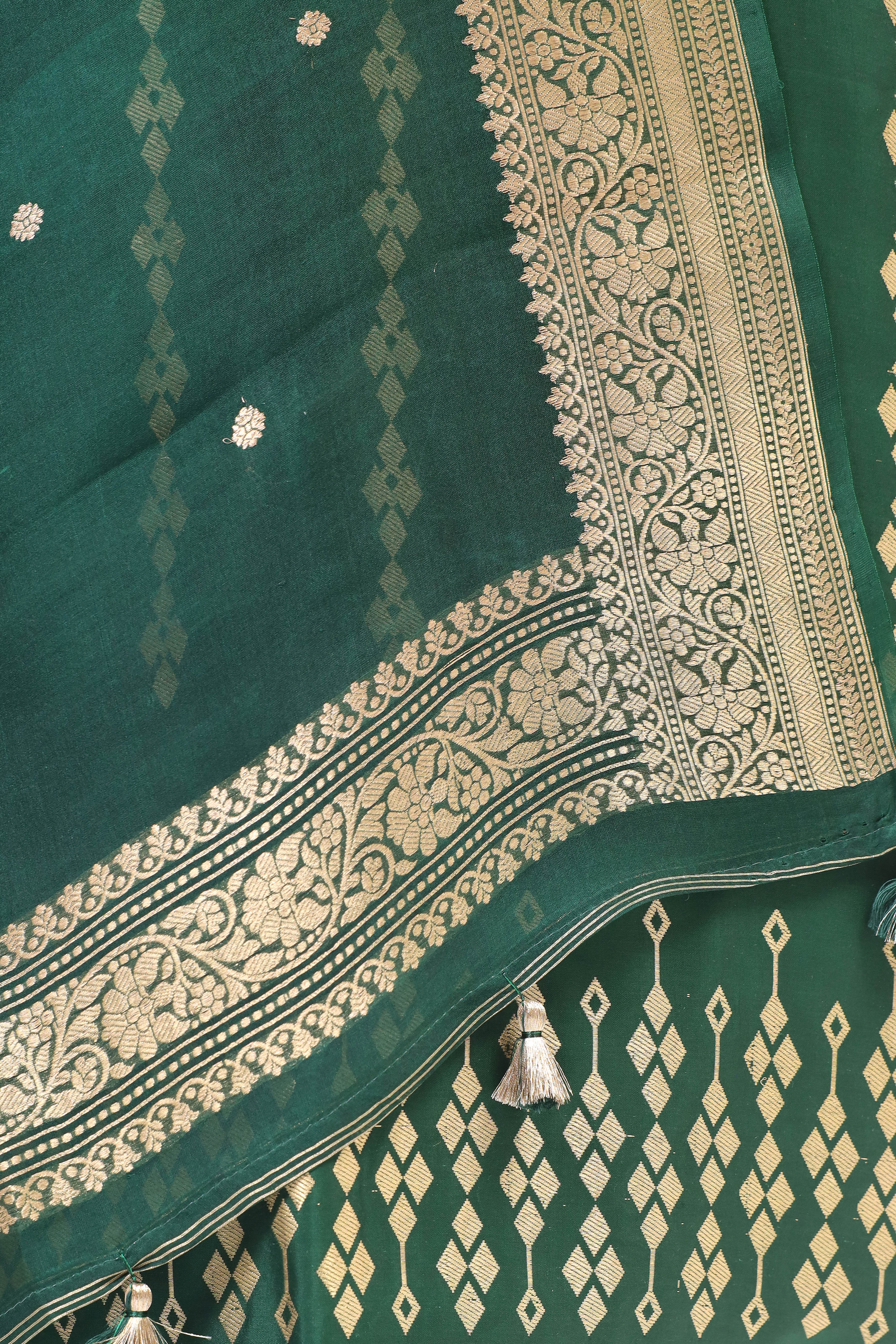 Bottle Green Banarasi Soft Silk Suit Set With Organza Dupatta
