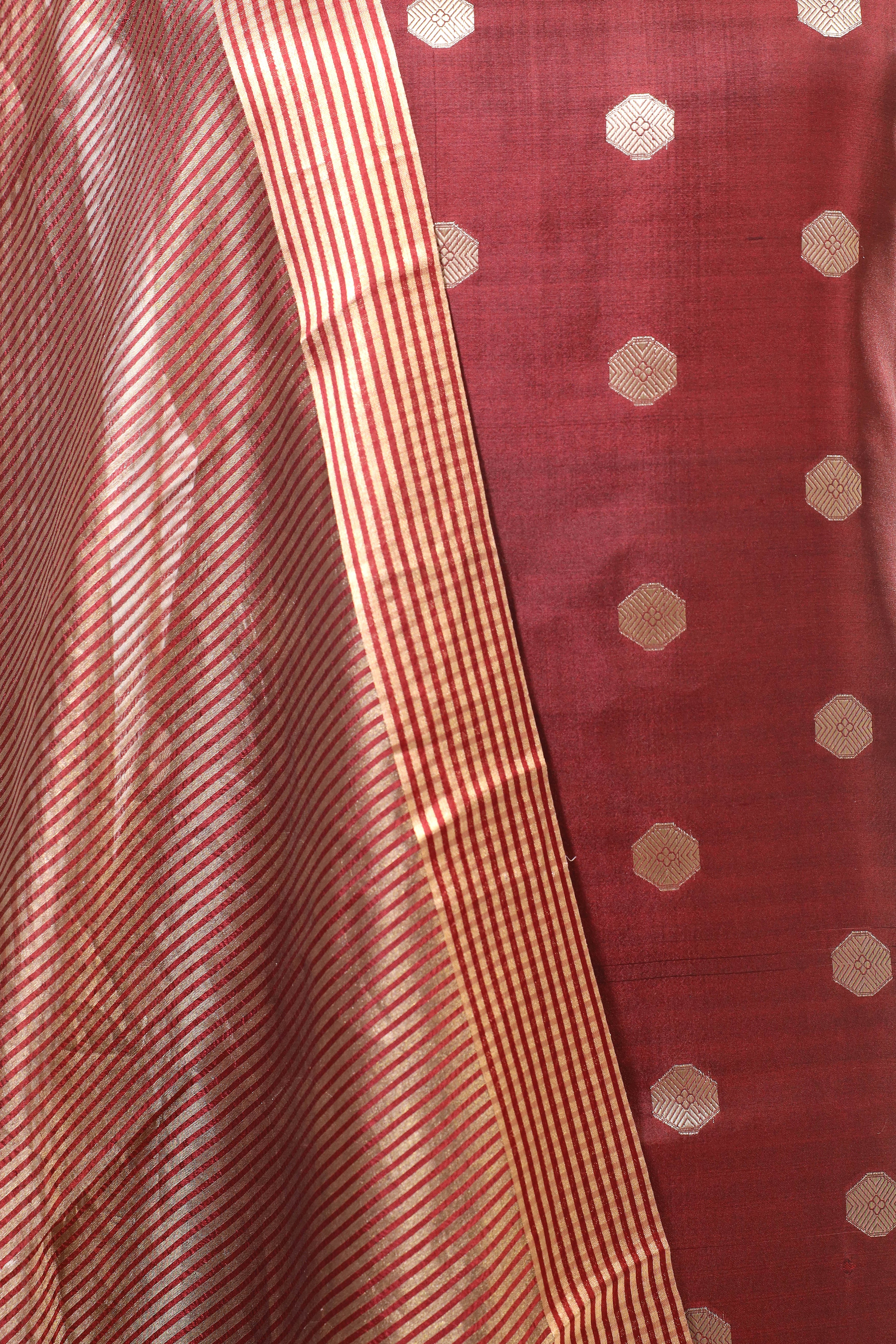 Deep Maroon Banarasi Soft Silk Suit Set With Tissue Stripe Dupatta