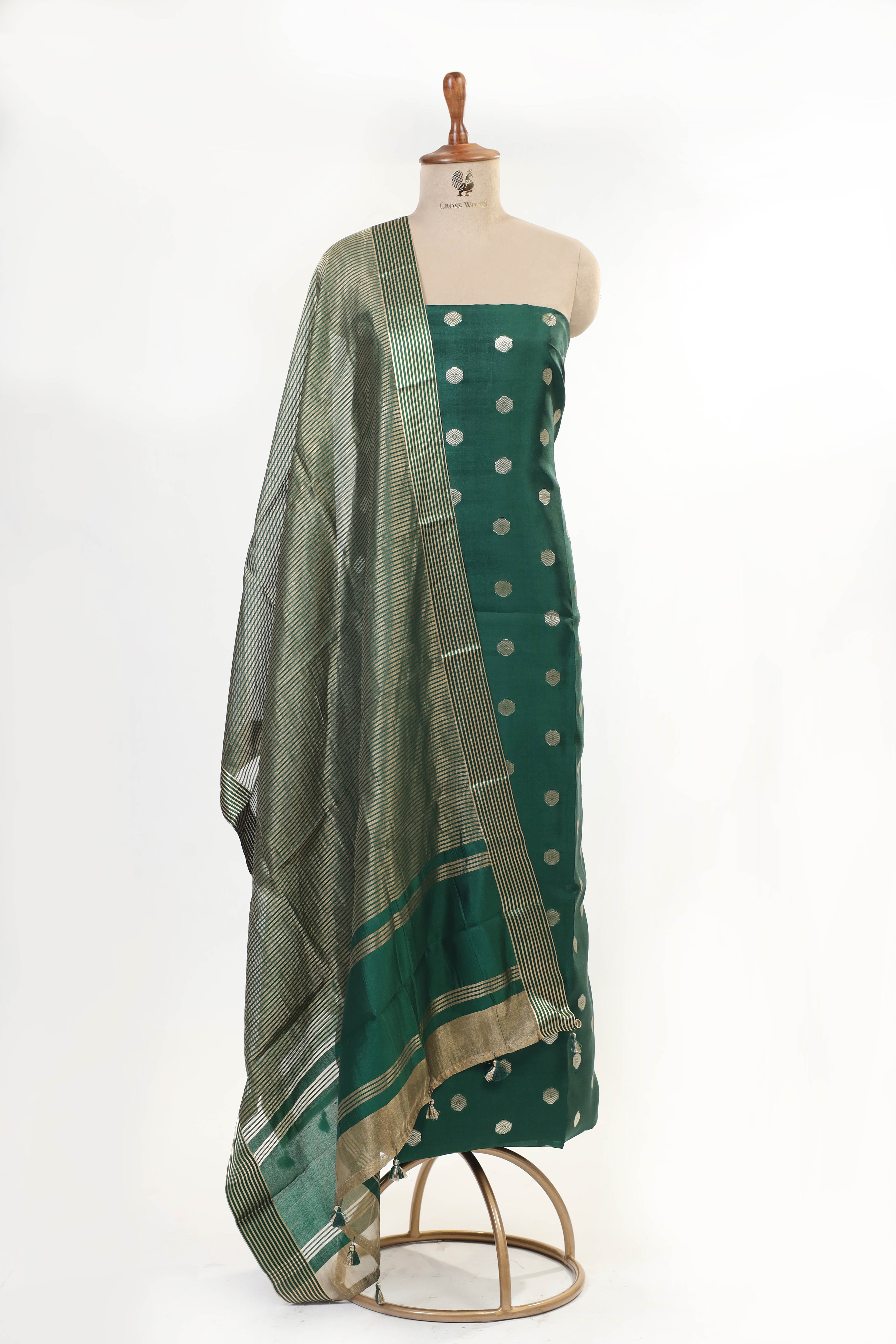 Dark Green Banarasi Soft Silk Suit Set With Tissue Stripe Dupatta