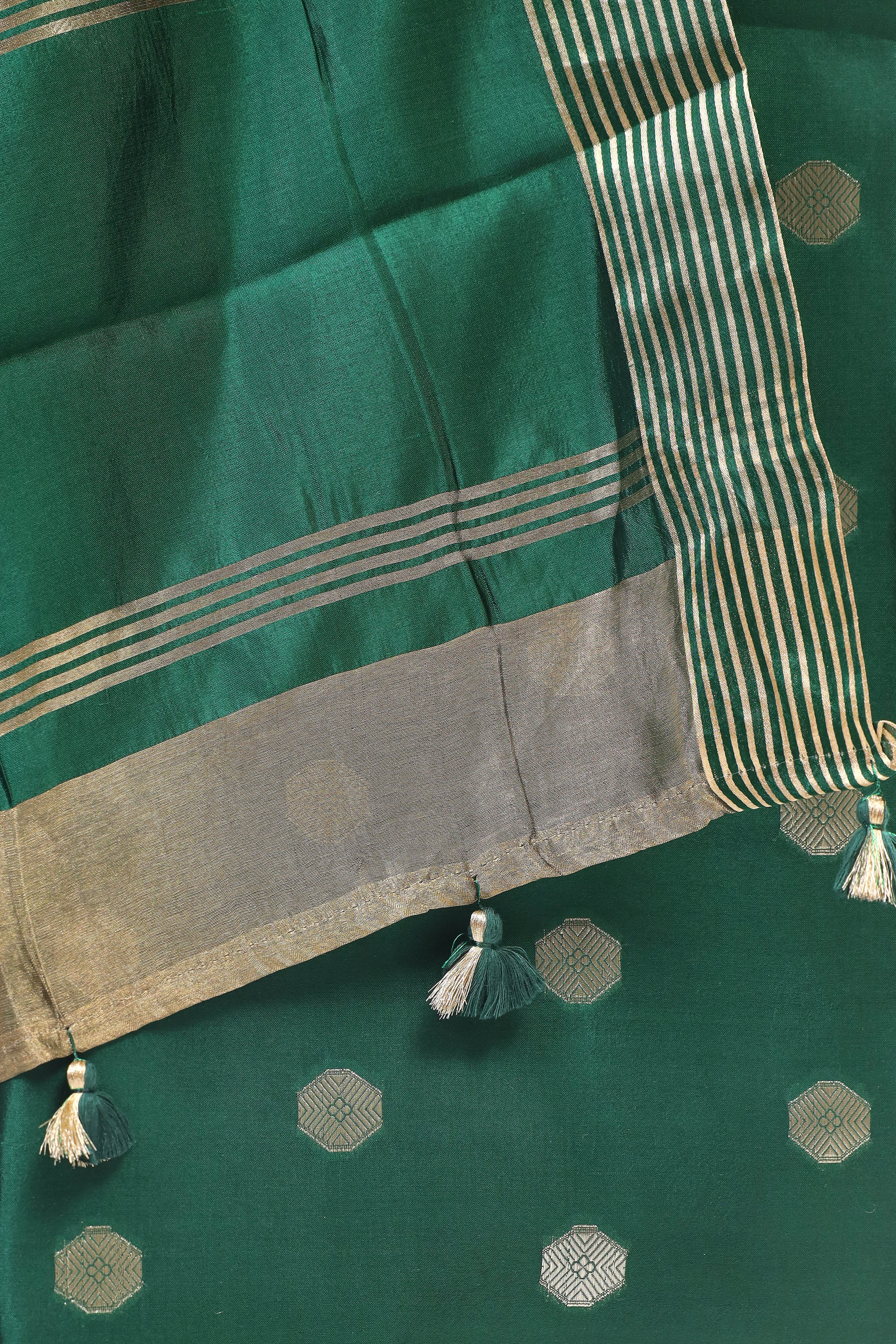 Dark Green Banarasi Soft Silk Suit Set With Tissue Stripe Dupatta