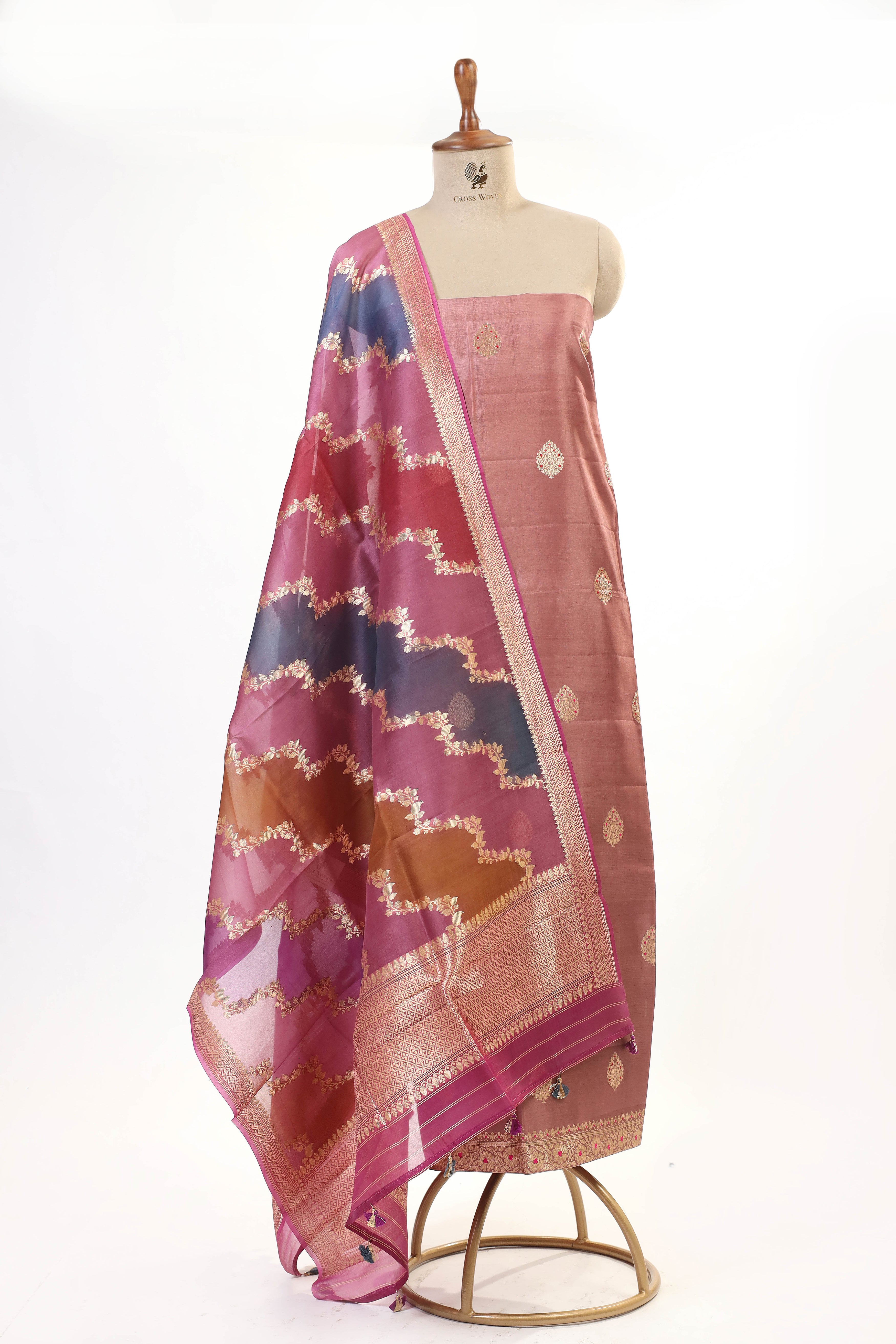 Rose Pink Banarasi Soft Silk Suit Set With Rangkat Organza Dupatta