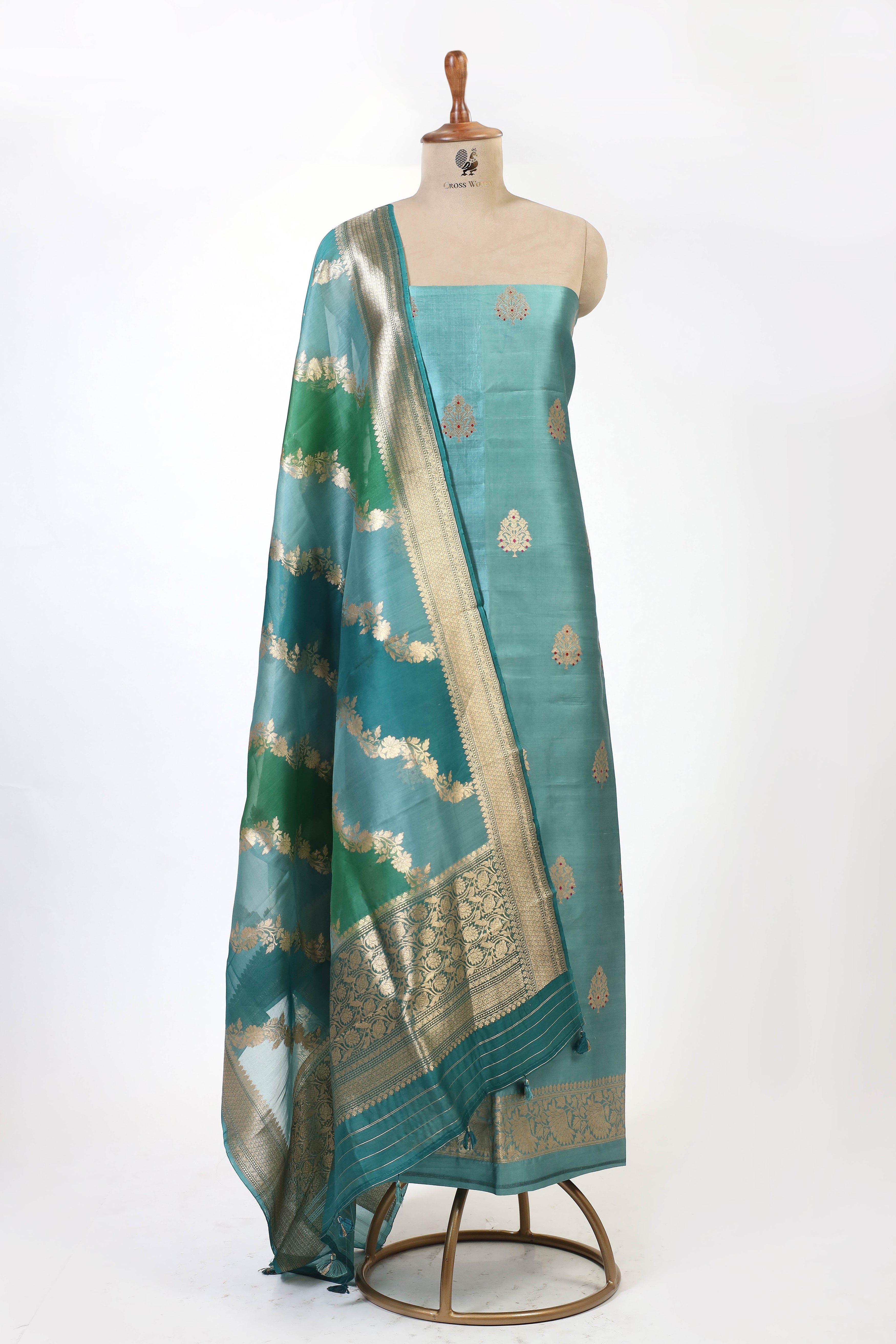 Teal Blue Banarasi Soft Silk Suit Set With Rangkat Organza Dupatta