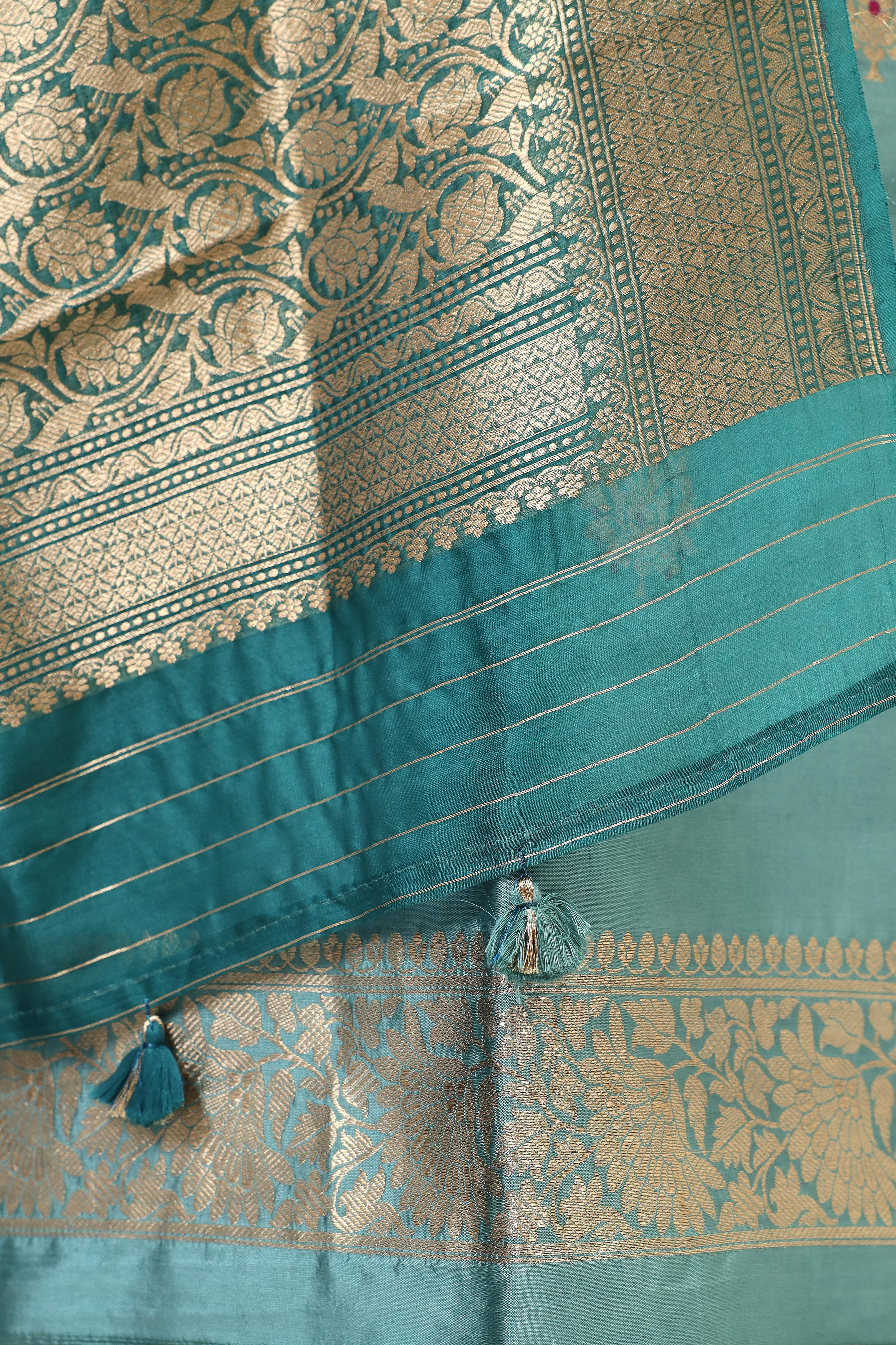 Teal Blue Banarasi Soft Silk Suit Set With Rangkat Organza Dupatta