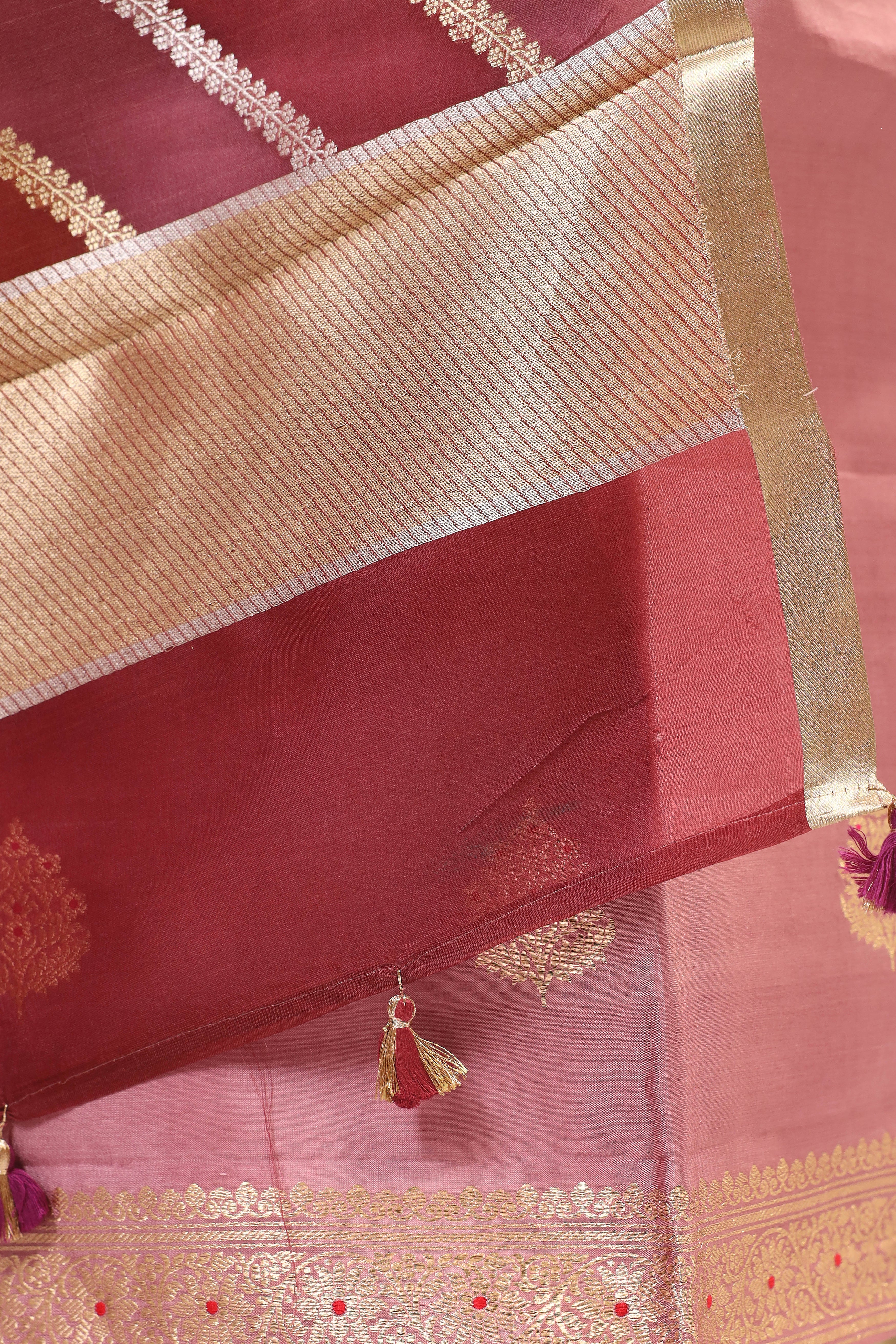Dusty Rose Pink Banarasi Soft Silk Suit Set With Rangkat Organza Dupatta