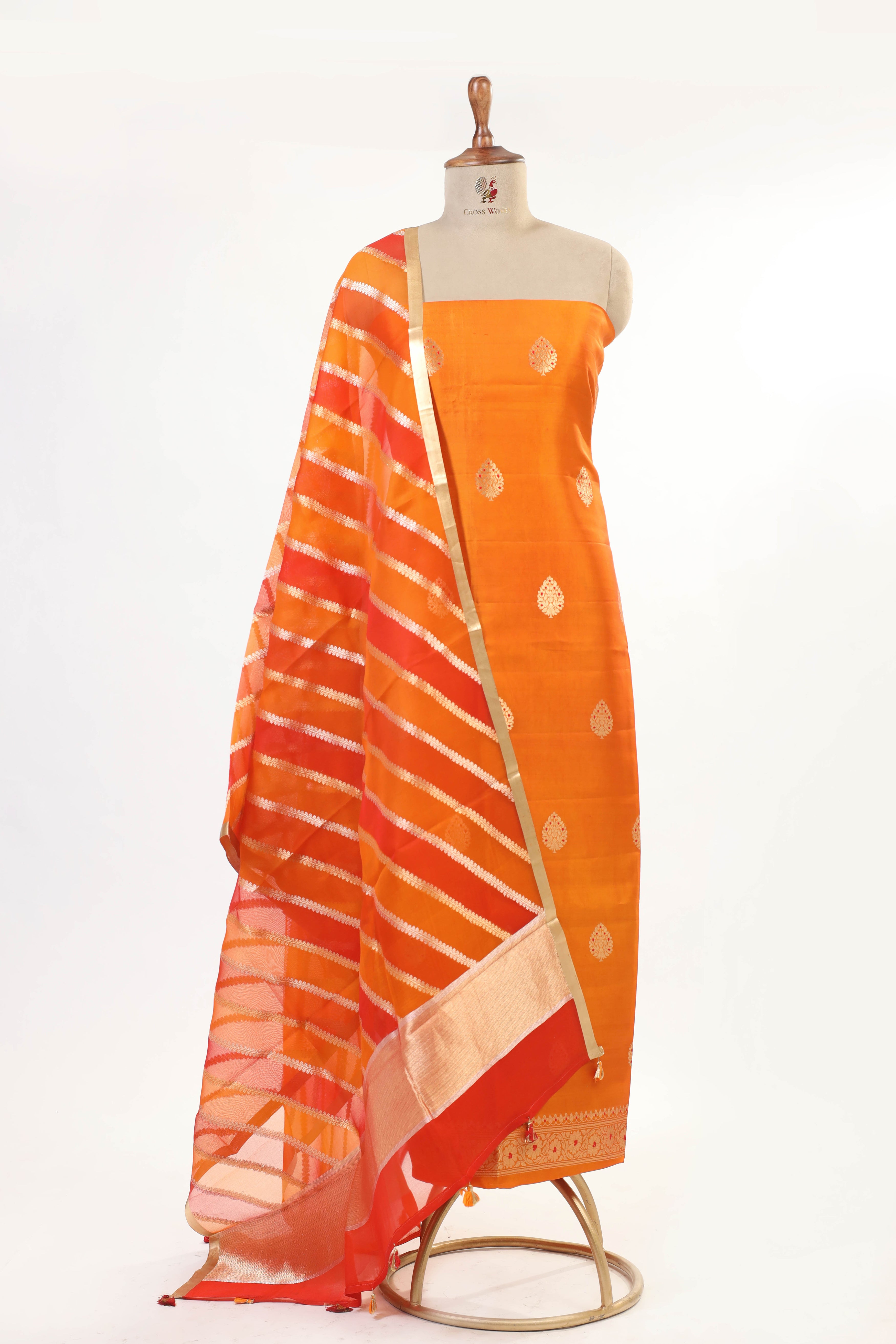 Orange Banarasi Soft Silk Suit Set With Rangkat Organza Dupatta