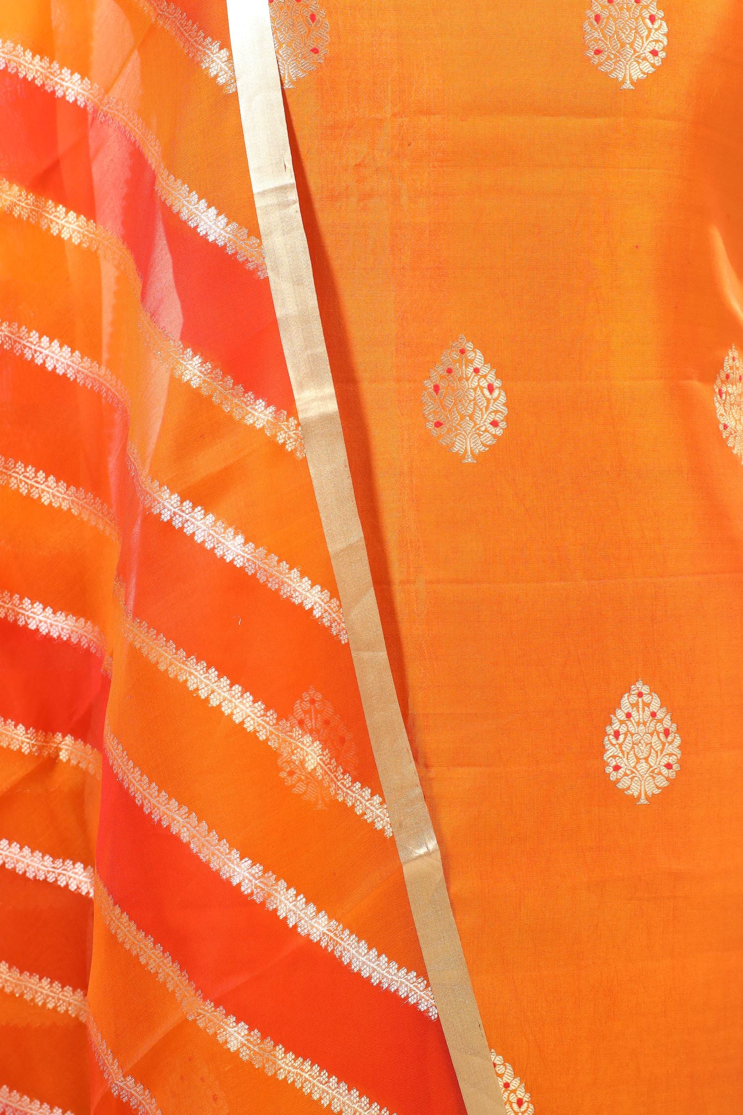 Orange Banarasi Soft Silk Suit Set With Rangkat Organza Dupatta