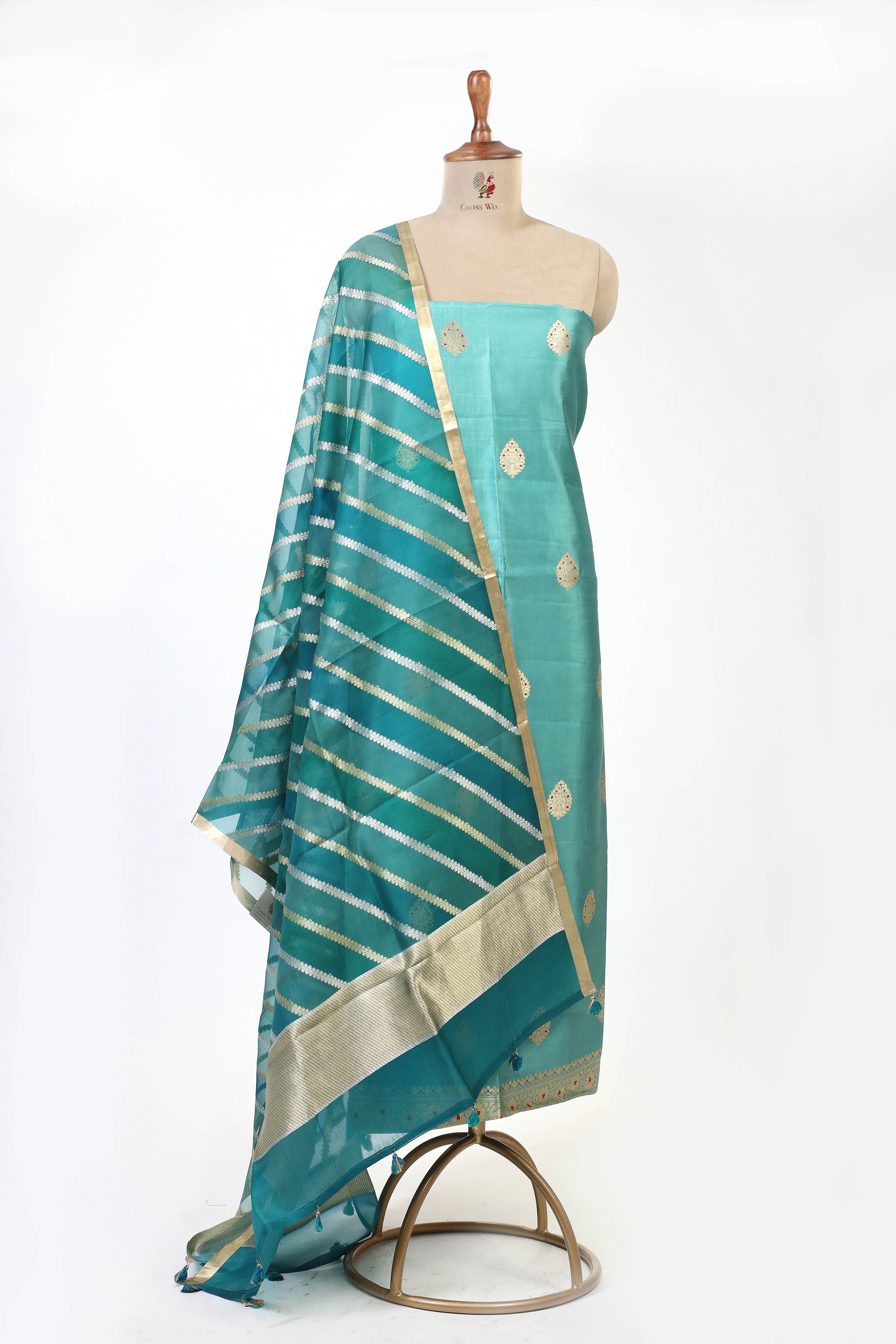 Sea Green Banarasi Soft Silk Suit Set With Rangkat Organza Dupatta